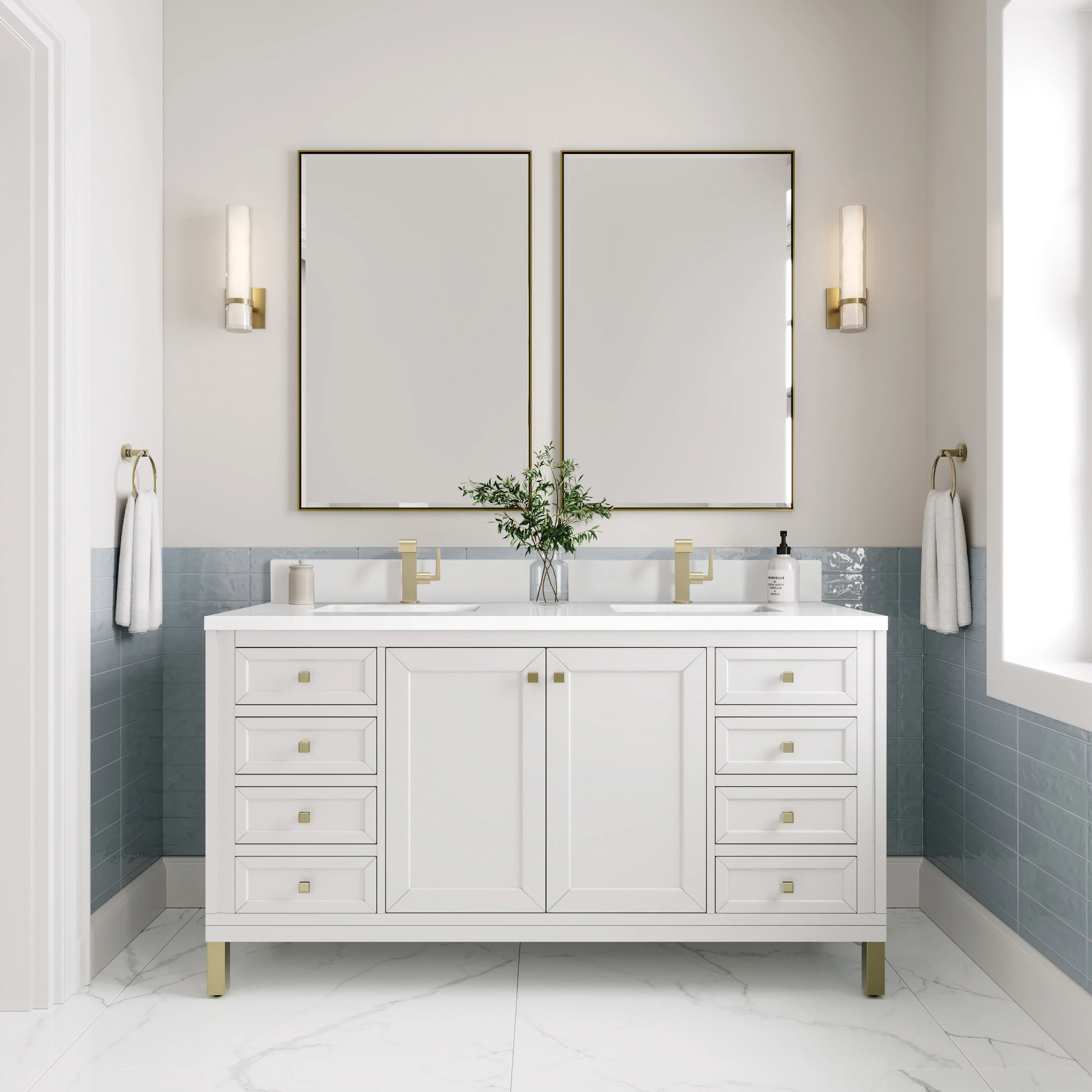 Chicago 60" Double Vanity, Glossy White, w/ Single Hole 3CM White Zeus Silestone® Top & Backsplash