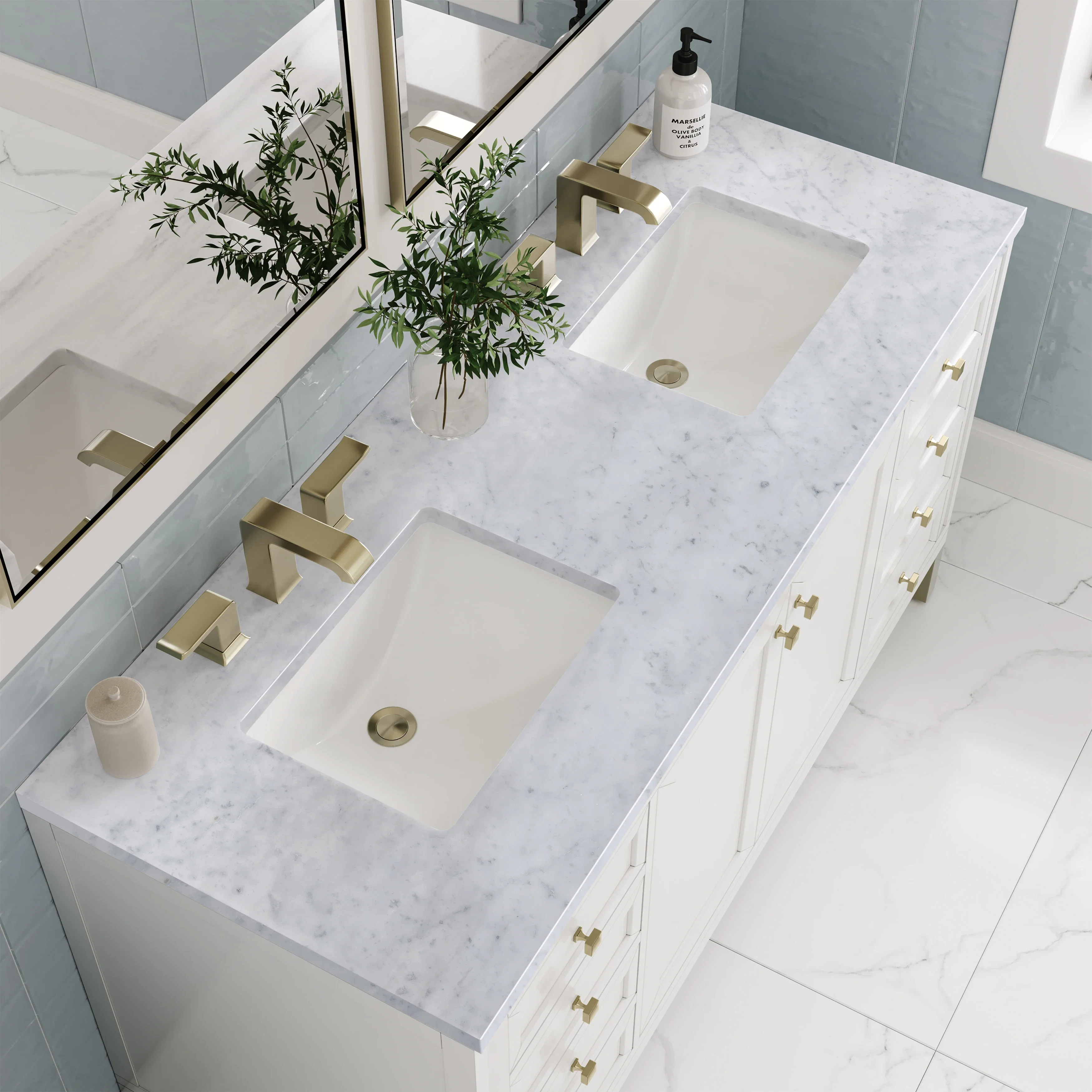 Chicago 60" Double Vanity, Glossy White, w/ 3 CM Carrara Marble Top