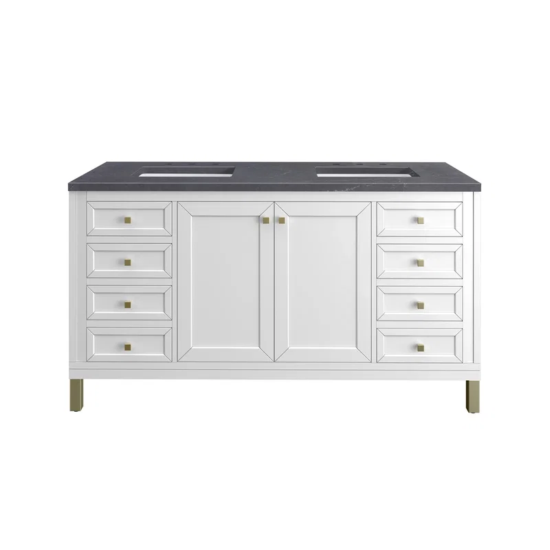 Chicago 60" Double Vanity, Glossy White, w/ 3 CM Charcoal Soapstone Silestone® Top