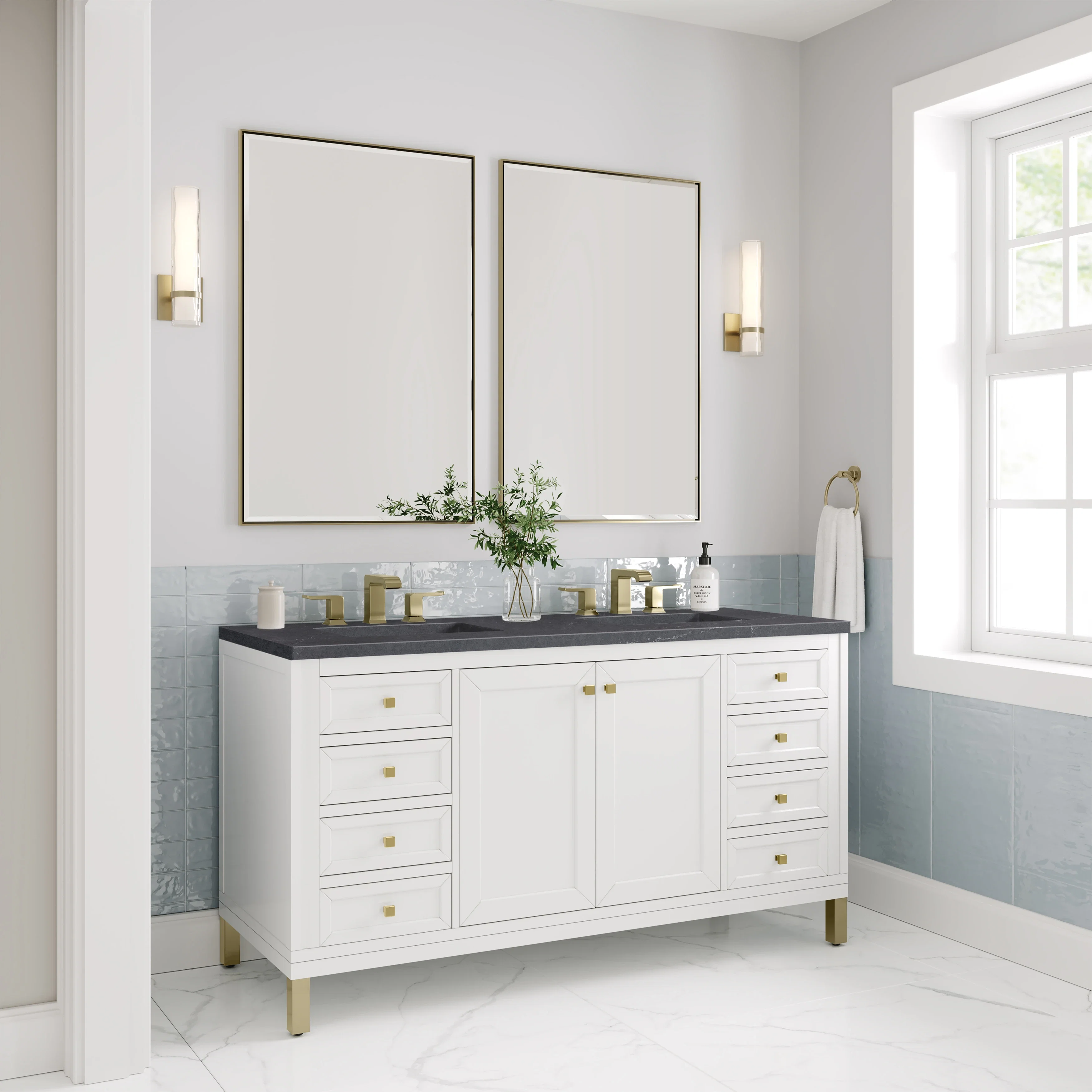 Chicago 60" Double Vanity, Glossy White, w/ 3 CM Charcoal Soapstone Silestone® Top