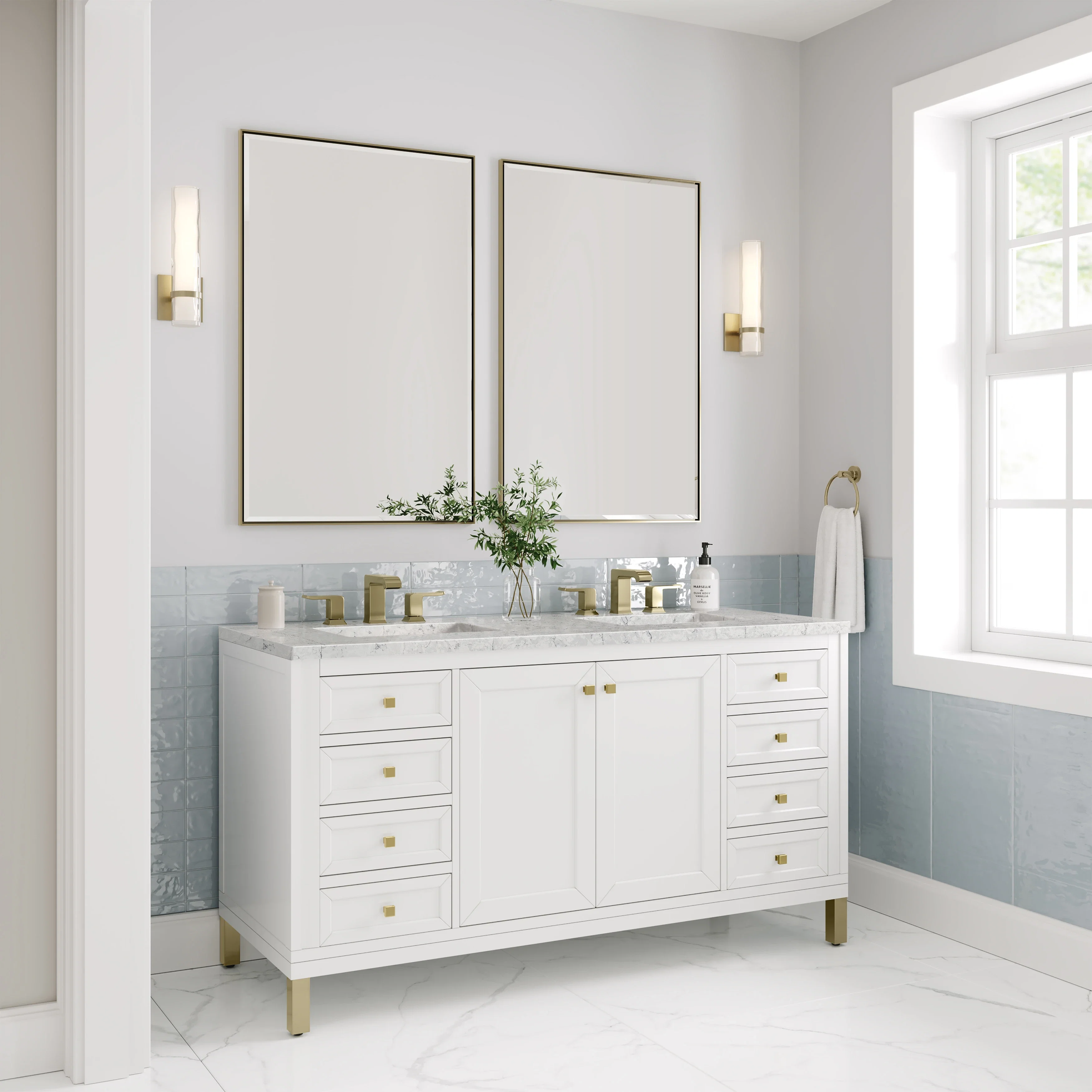 Chicago 60" Double Vanity, Glossy White, w/ 3 CM Eternal Jasmine Pearl Silestone® Top
