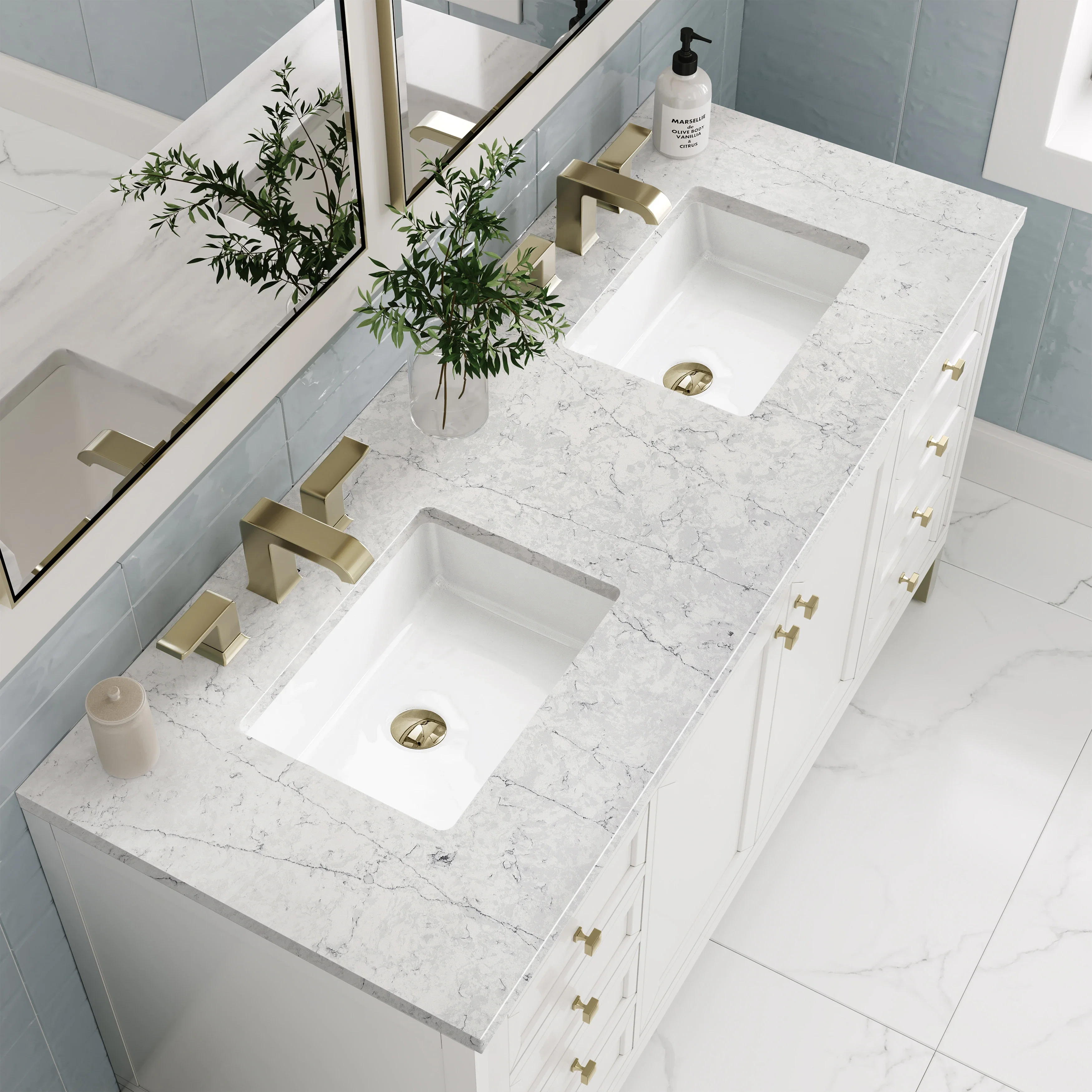 Chicago 60" Double Vanity, Glossy White, w/ 3 CM Eternal Jasmine Pearl Silestone® Top