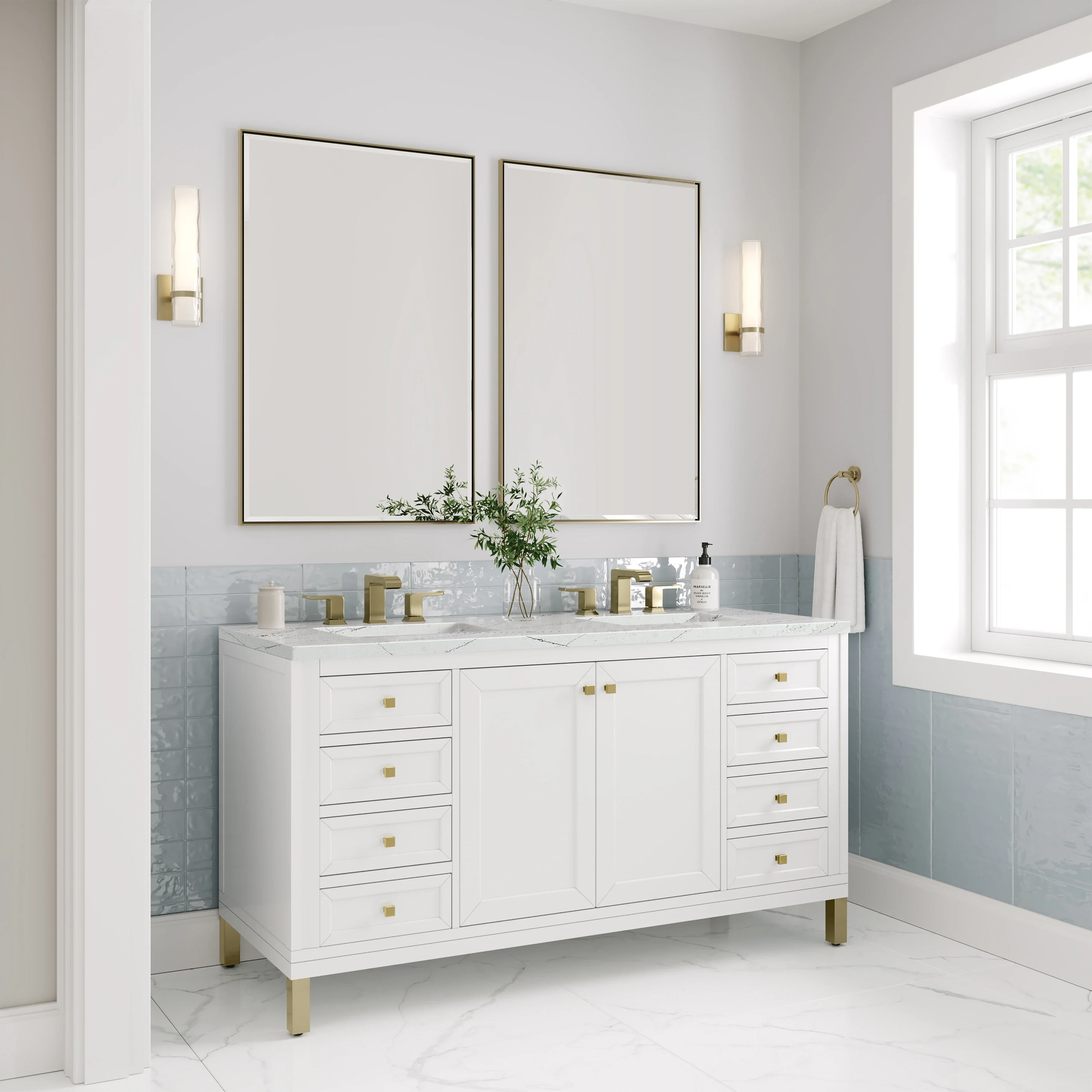 Chicago 60" Double Vanity, Glossy White, w/ 3 CM Ethereal Noctis Silestone® Top