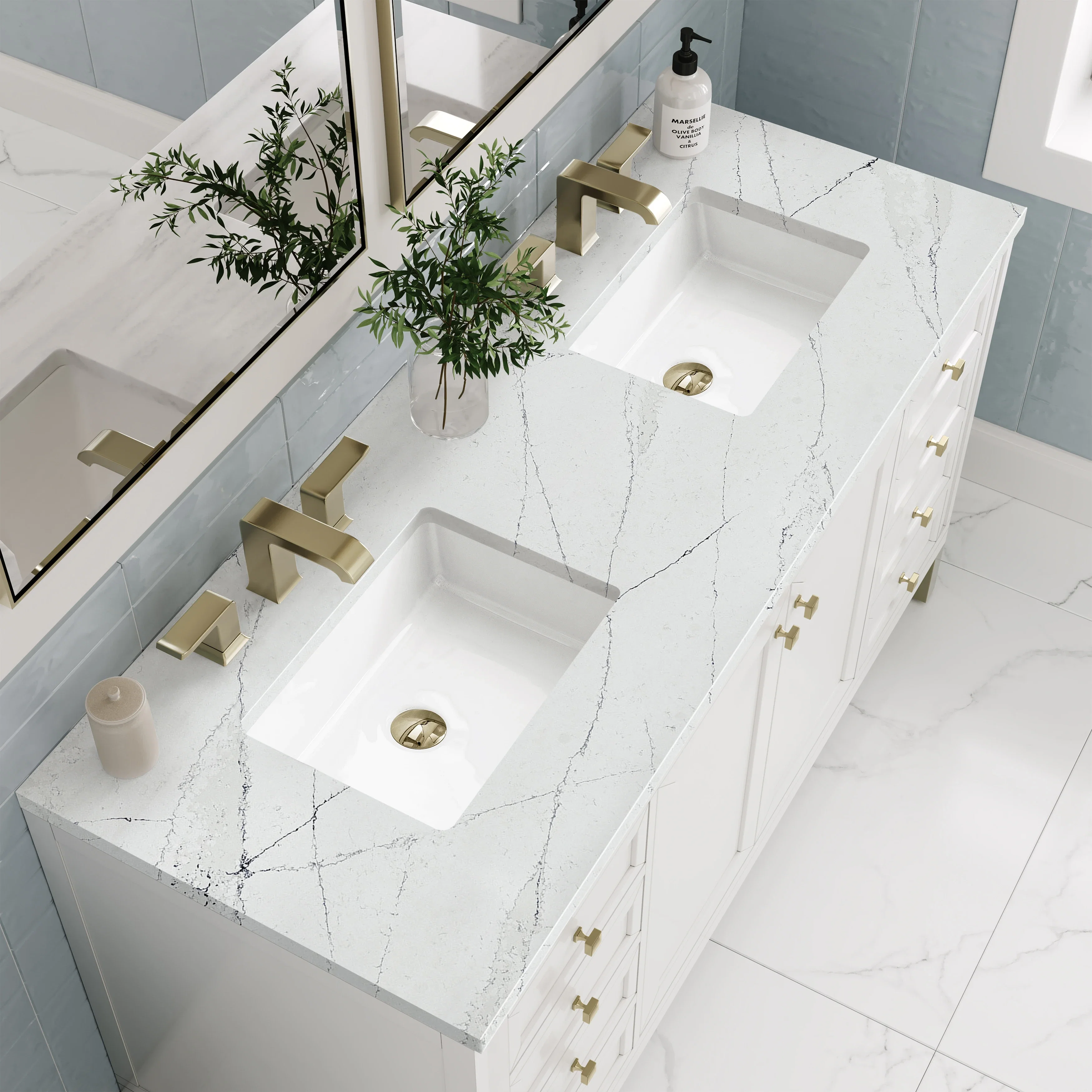Chicago 60" Double Vanity, Glossy White, w/ 3 CM Ethereal Noctis Silestone® Top