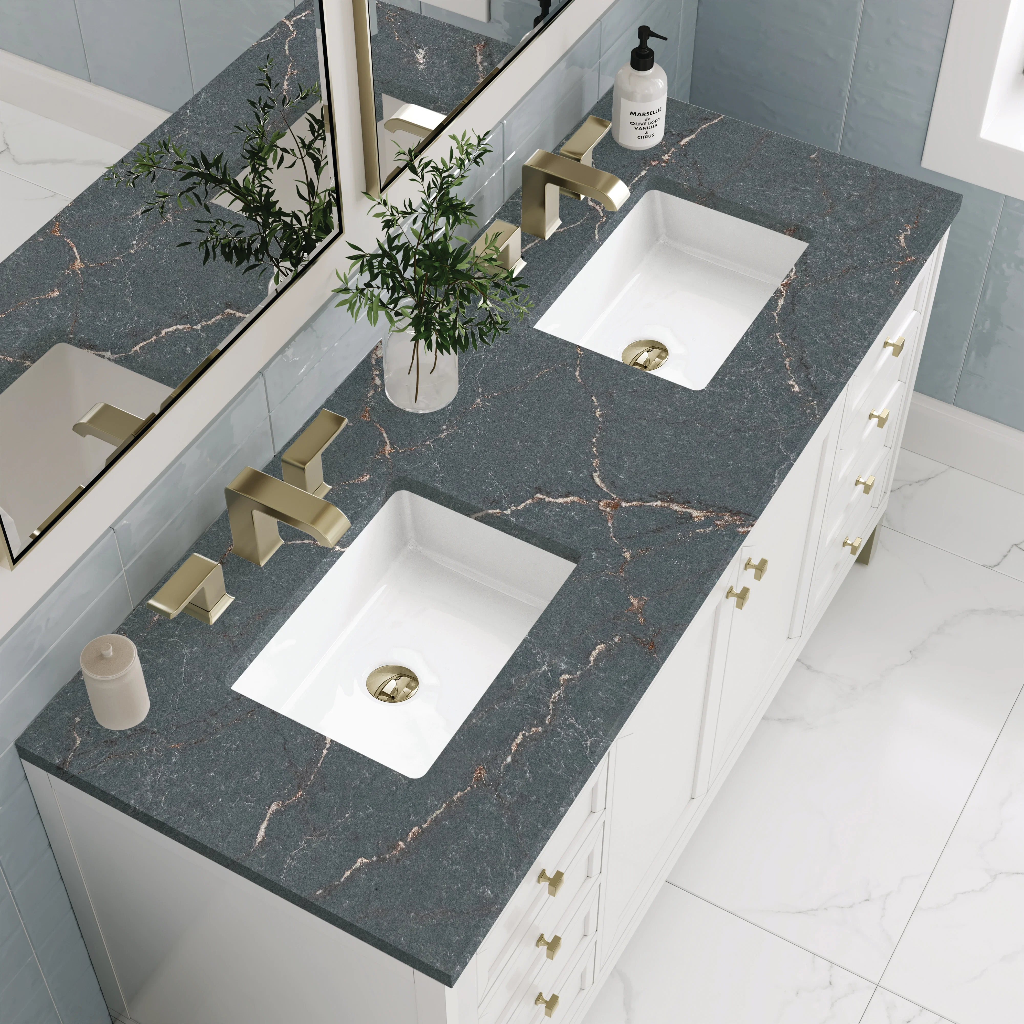 Chicago 60" Double Vanity, Glossy White, w/ 3 CM Parisien Bleu Silestone® Top
