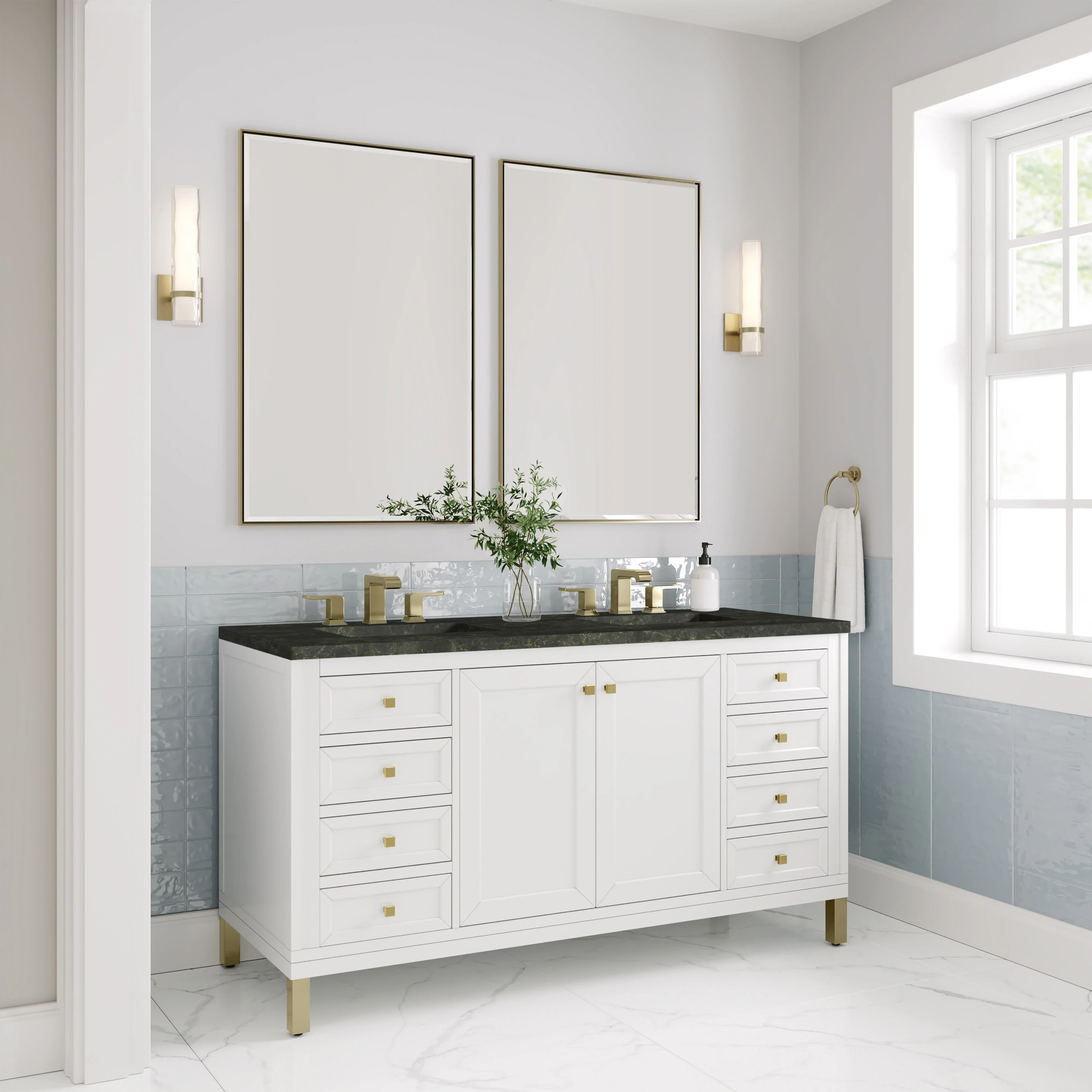 Chicago 60" Double Vanity, Glossy White, w/ 3 CM Phantome Eclos Top