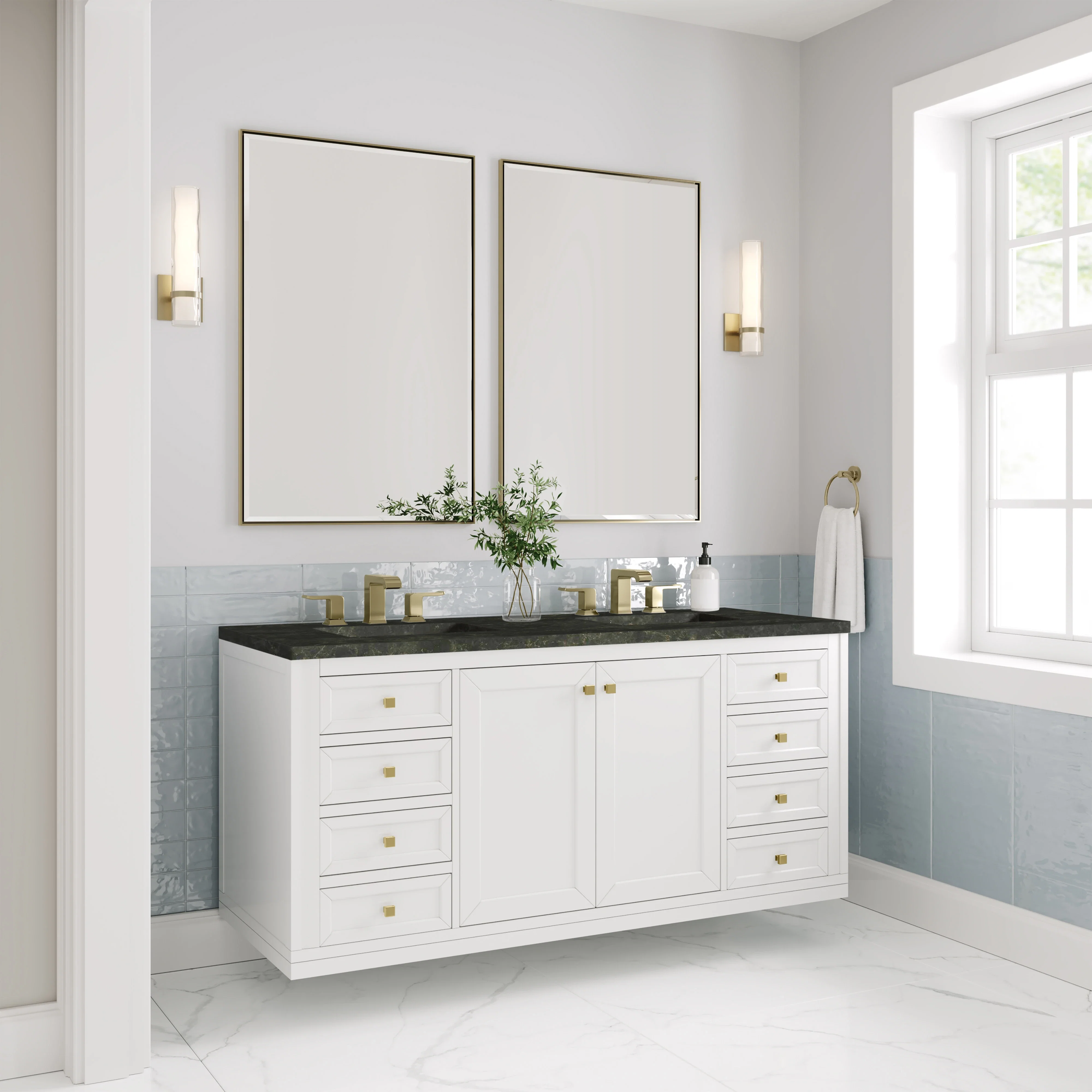 Chicago 60" Double Vanity, Glossy White, w/ 3 CM Phantome Eclos Top