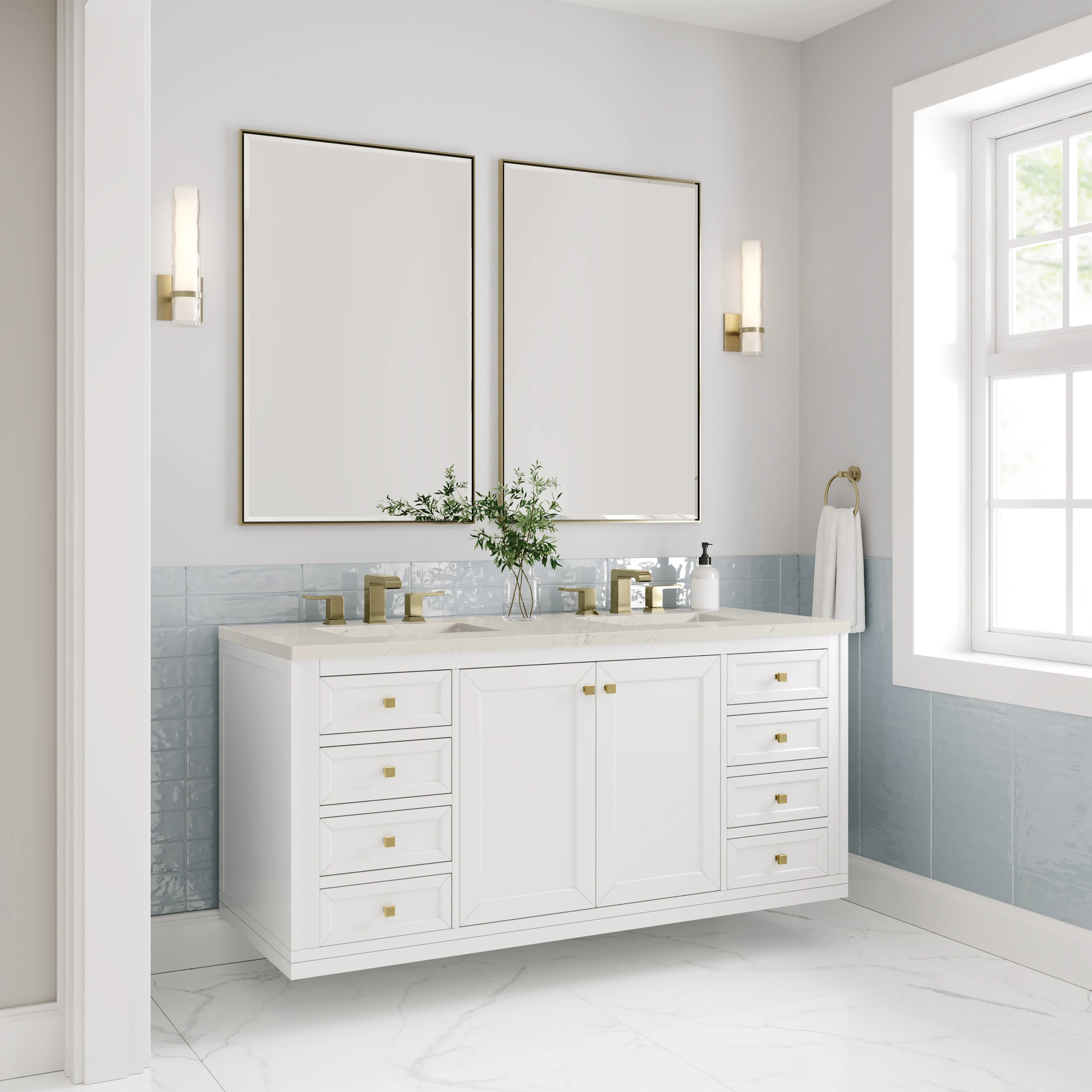 Chicago 60" Double Vanity, Glossy White, w/ 3 CM Siberian Silestone Top