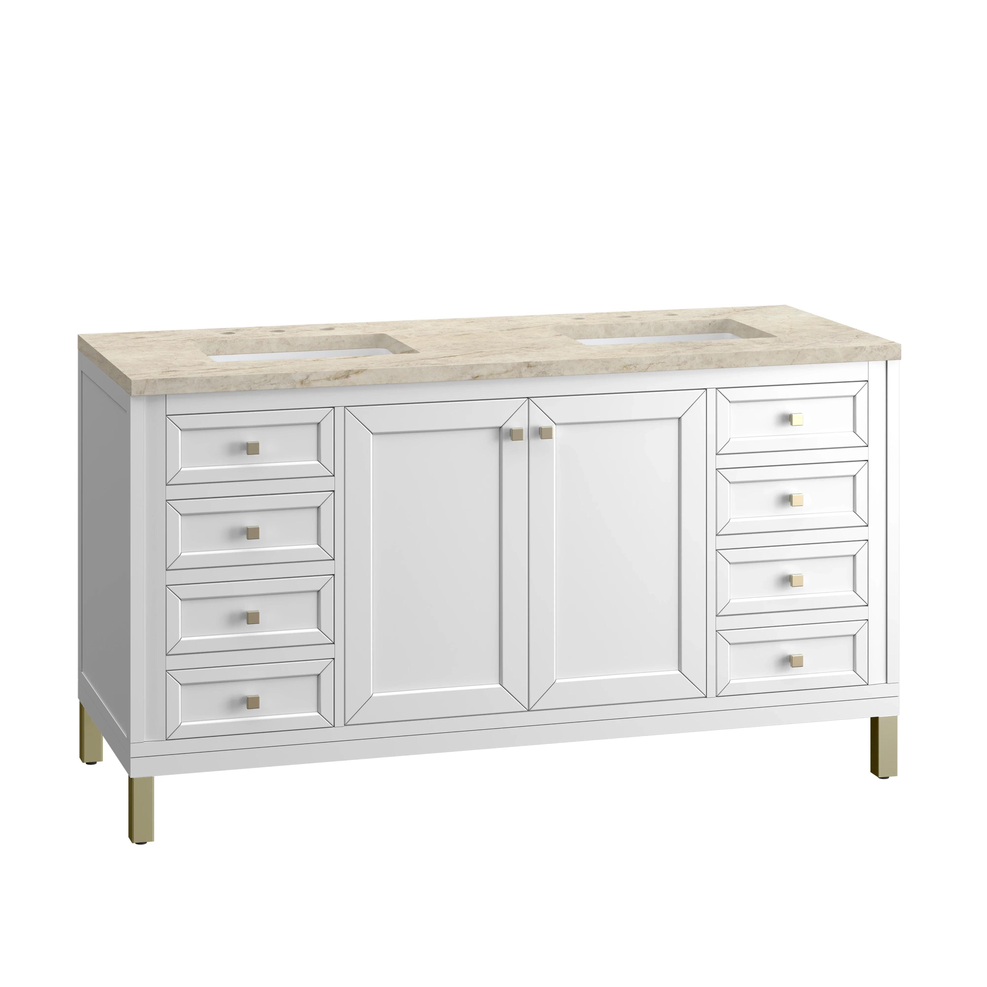 Chicago 60" Double Vanity, Glossy White, w/ 3 CM Tajnar Eclos Top