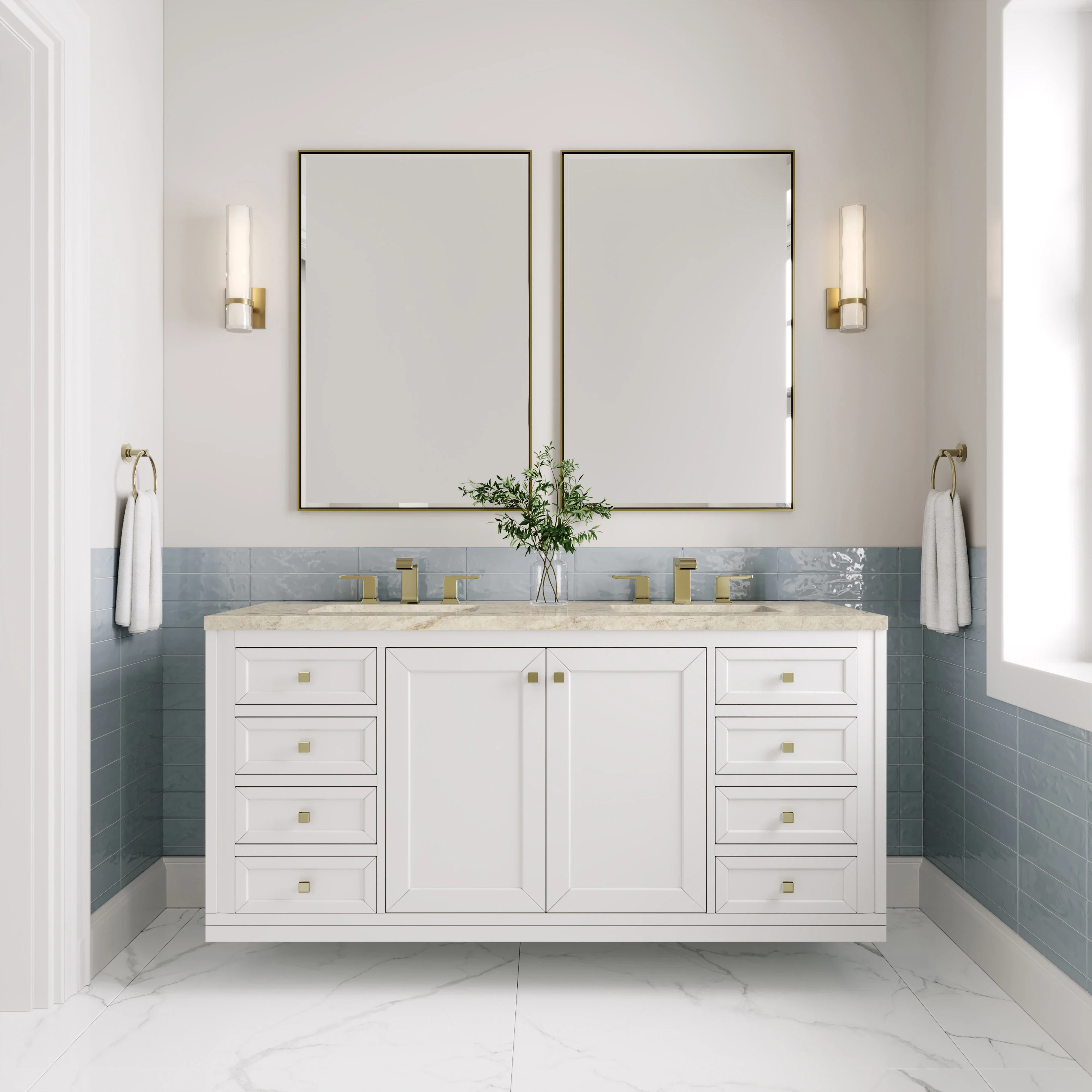 Chicago 60" Double Vanity, Glossy White, w/ 3 CM Tajnar Eclos Top