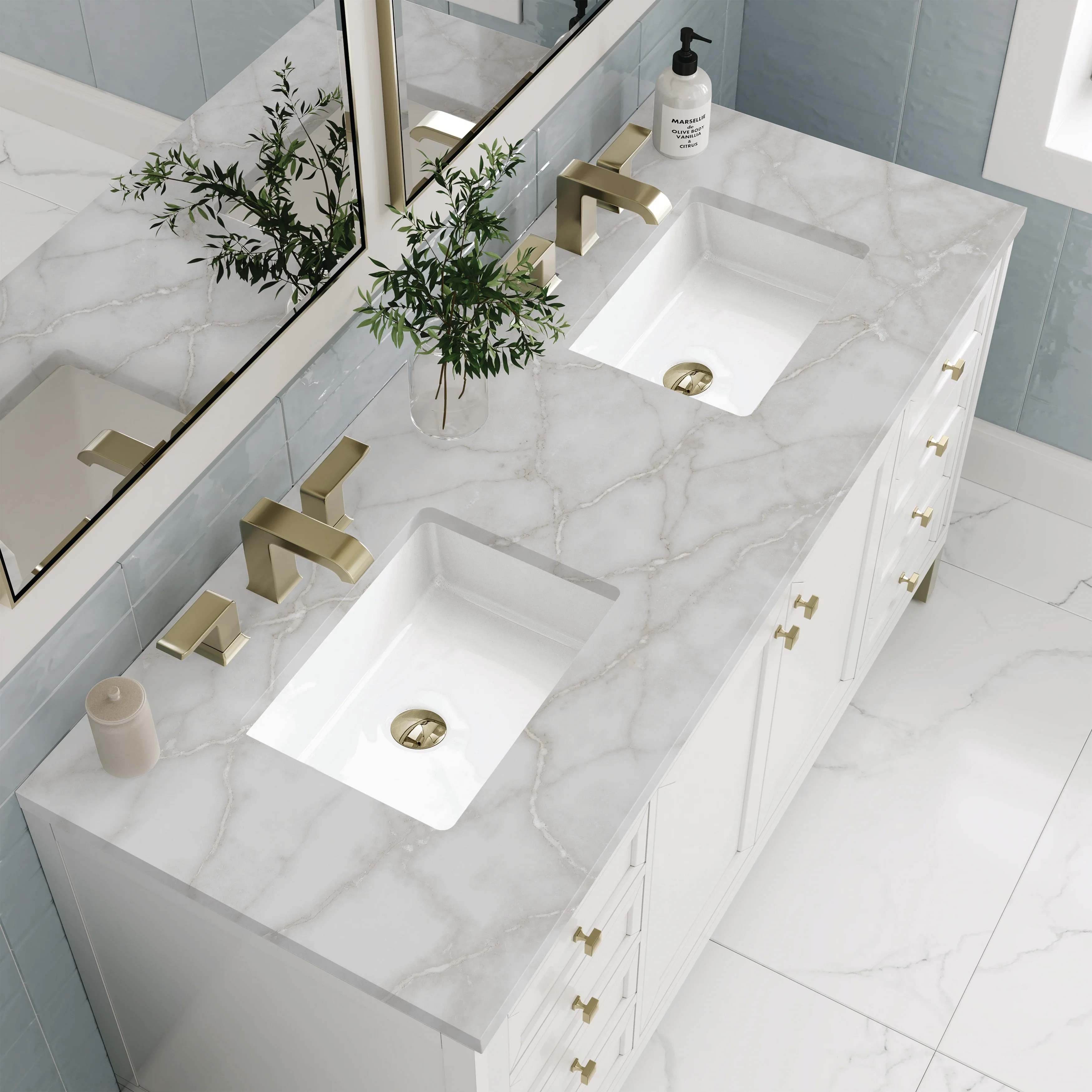 Chicago 60" Double Vanity, Glossy White, w/ 3 CM Victorian Silver Silestone® Top