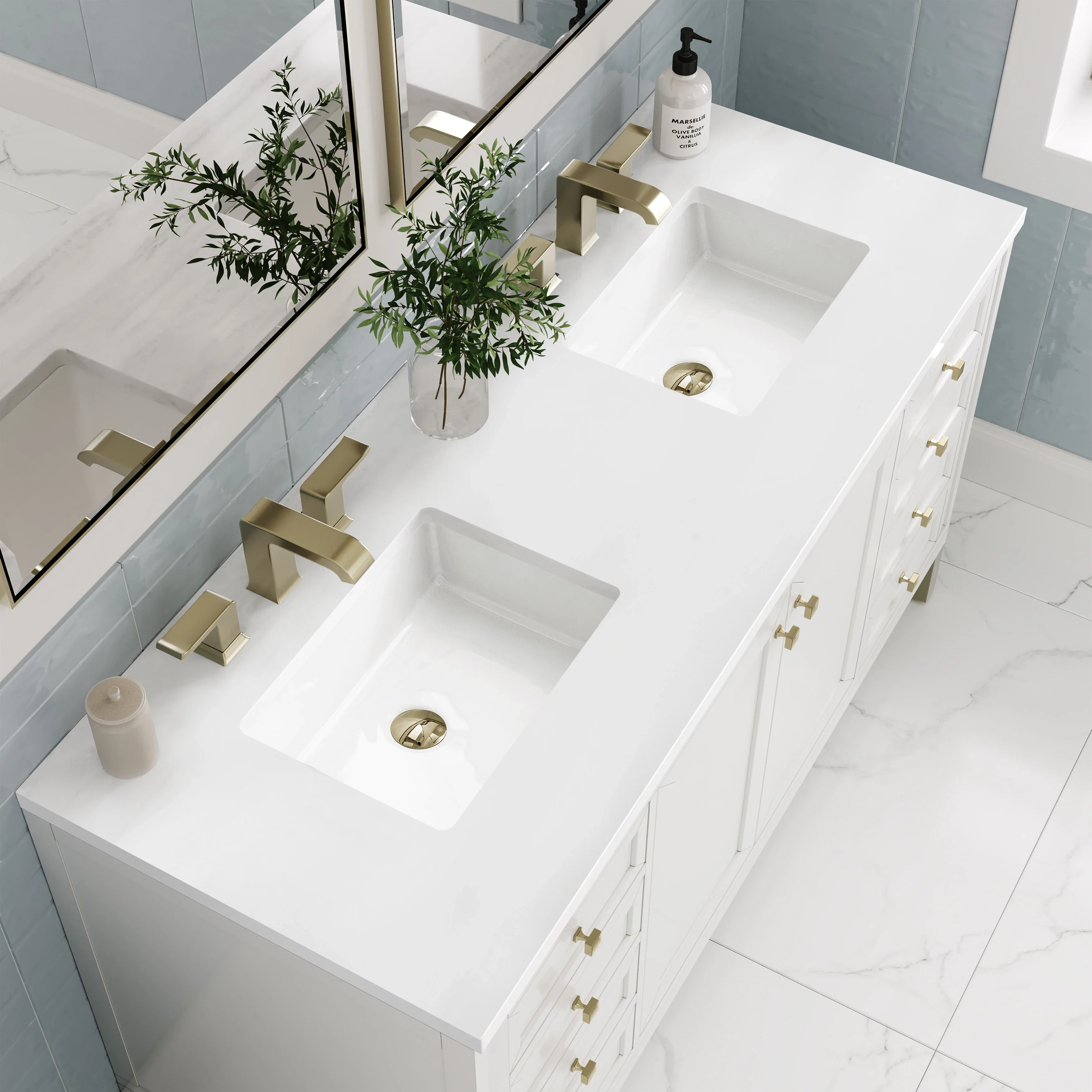 Chicago 60" Double Vanity, Glossy White, w/ 3 CM White Zeus Silestone® Top