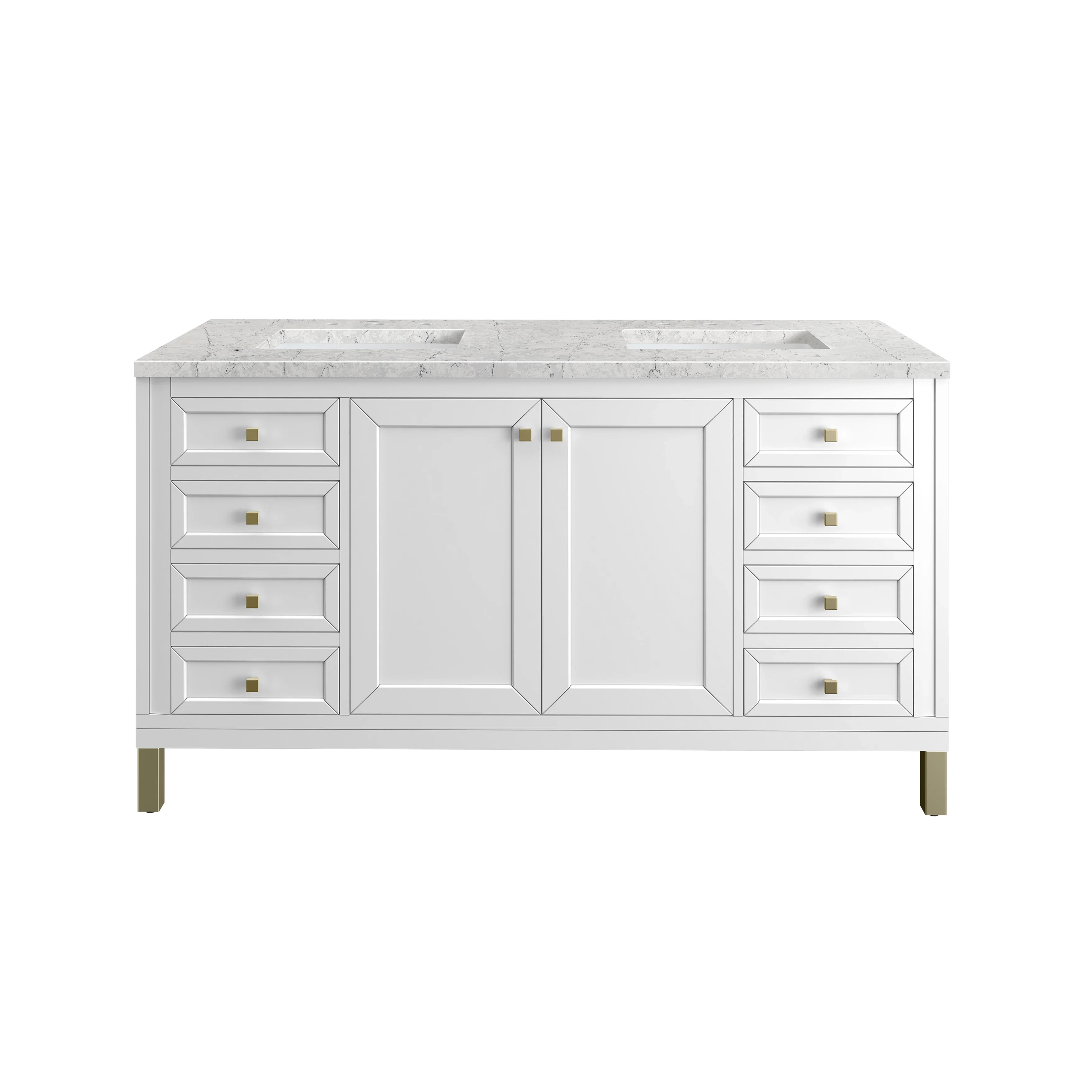 Chicago 60" Double Vanity, Glossy White, w/ 3 CM Eternal Jasmine Pearl Silestone® Top w/FreePower Wireless Charger