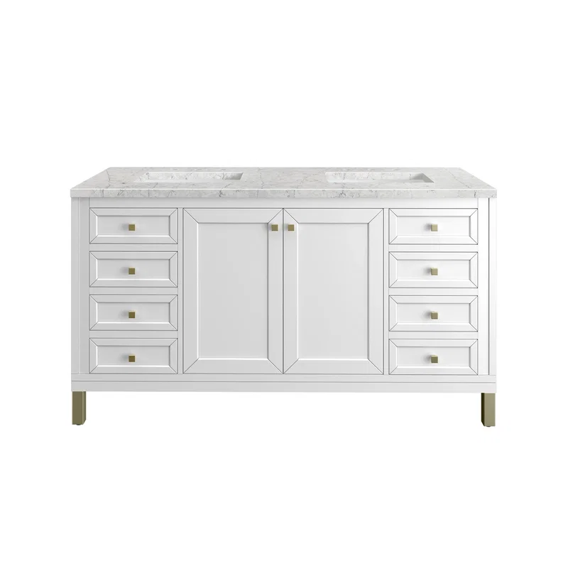 Chicago 60" Double Vanity, Glossy White, w/ 3 CM Eternal Jasmine Pearl Silestone® Top w/FreePower Wireless Charger