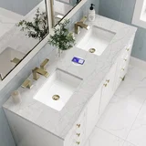 Chicago 60" Double Vanity, Glossy White, w/ 3 CM Eternal Jasmine Pearl Silestone® Top w/FreePower Wireless Charger