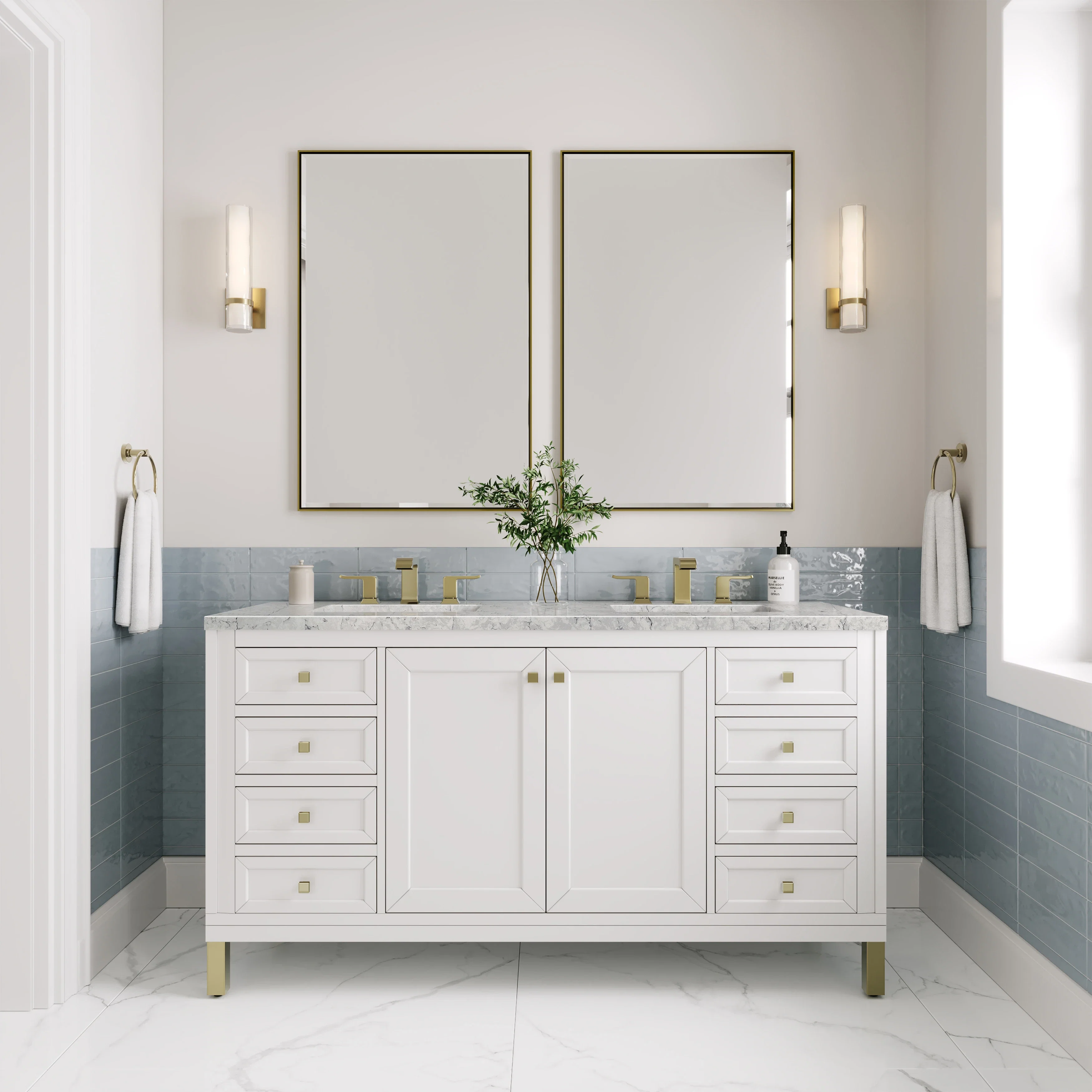 Chicago 60" Double Vanity, Glossy White, w/ 3 CM Eternal Jasmine Pearl Silestone® Top w/FreePower Wireless Charger