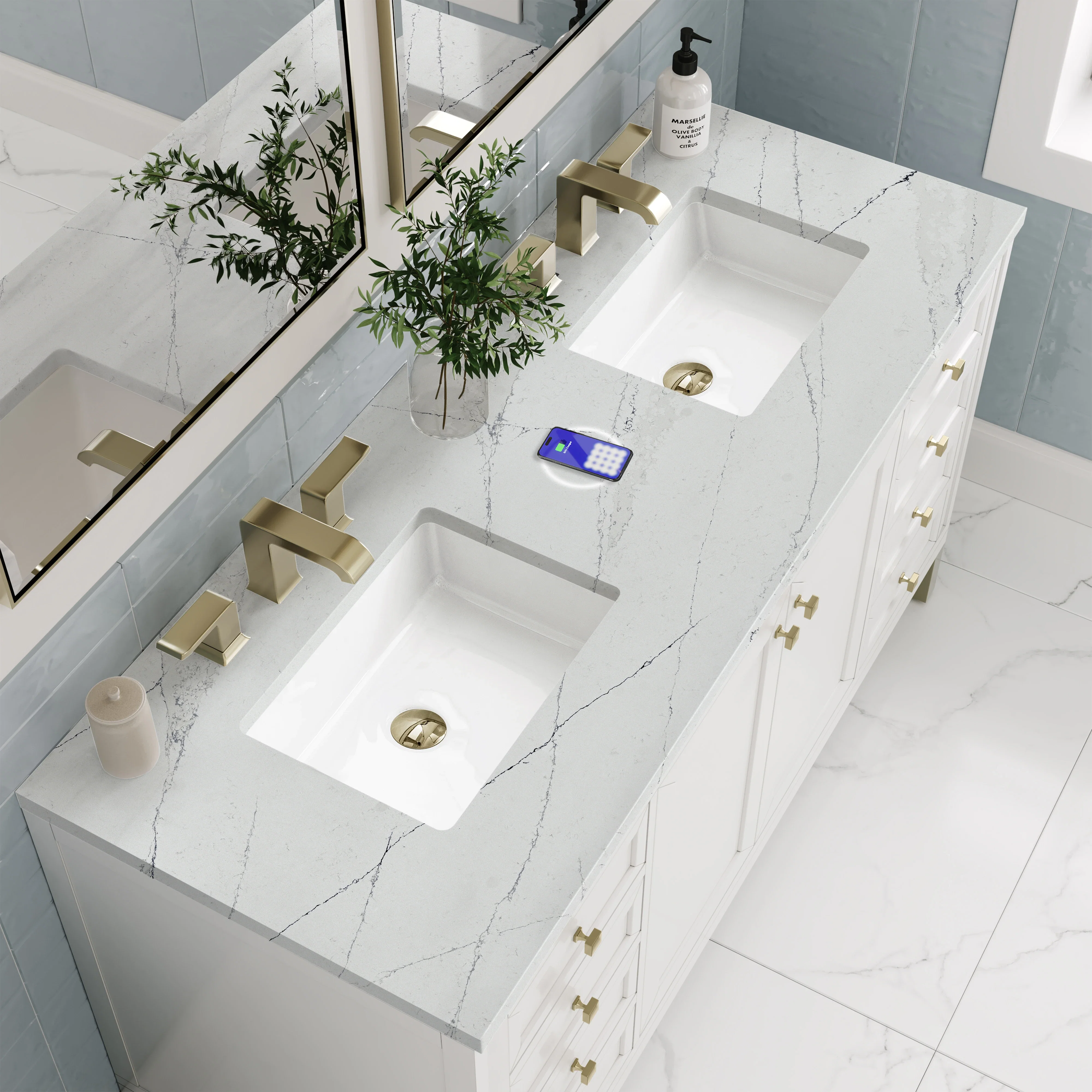 Chicago 60" Double Vanity, Glossy White, w/ 3 CM Ethereal Noctis Silestone® Top w/FreePower Wireless Charger