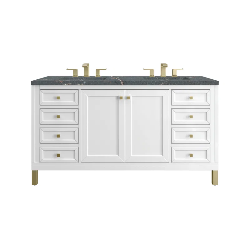 Chicago 60" Double Vanity, Glossy White, w/ 3 CM Parisien Bleu Silestone® Top w/FreePower Wireless Charger