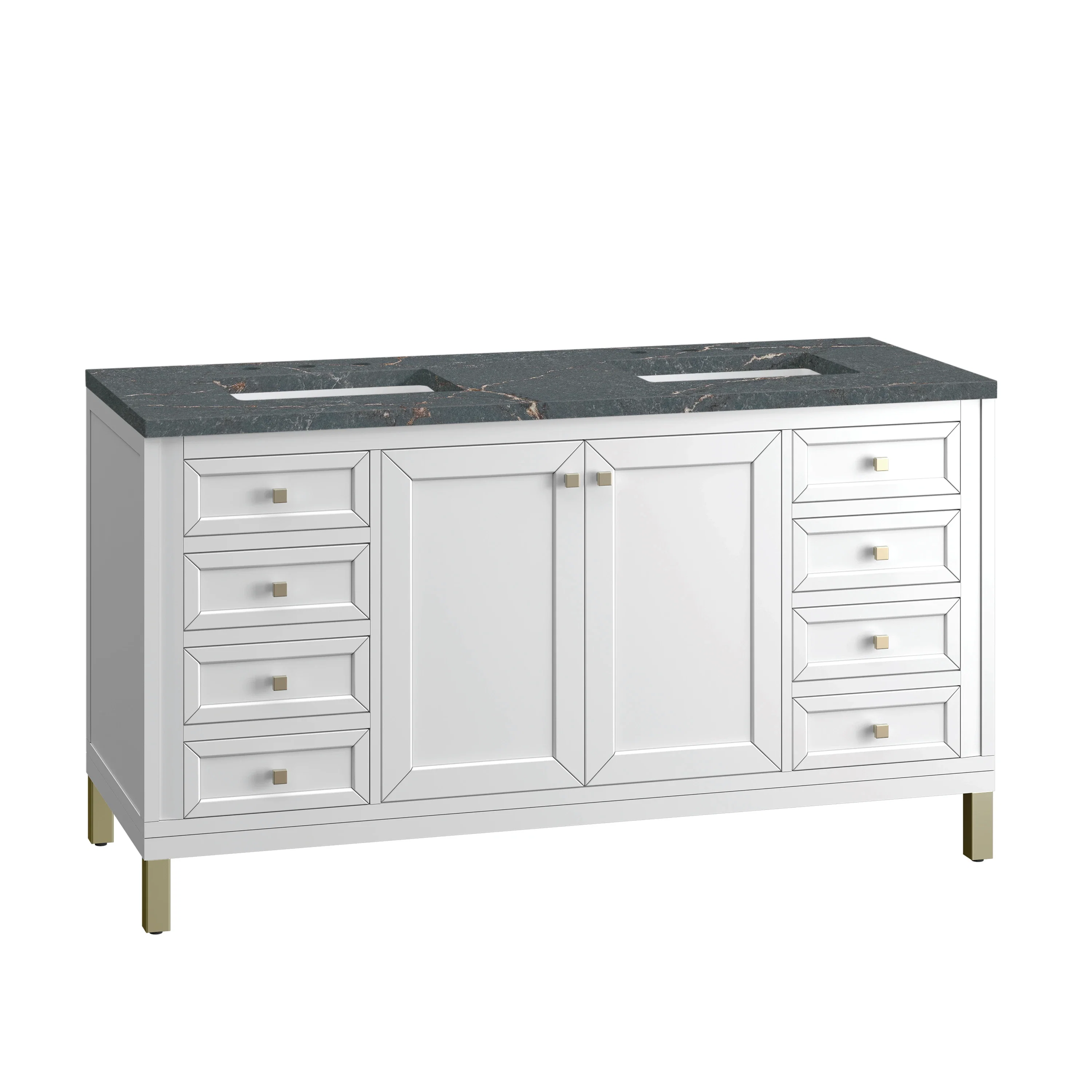 Chicago 60" Double Vanity, Glossy White, w/ 3 CM Parisien Bleu Silestone® Top w/FreePower Wireless Charger