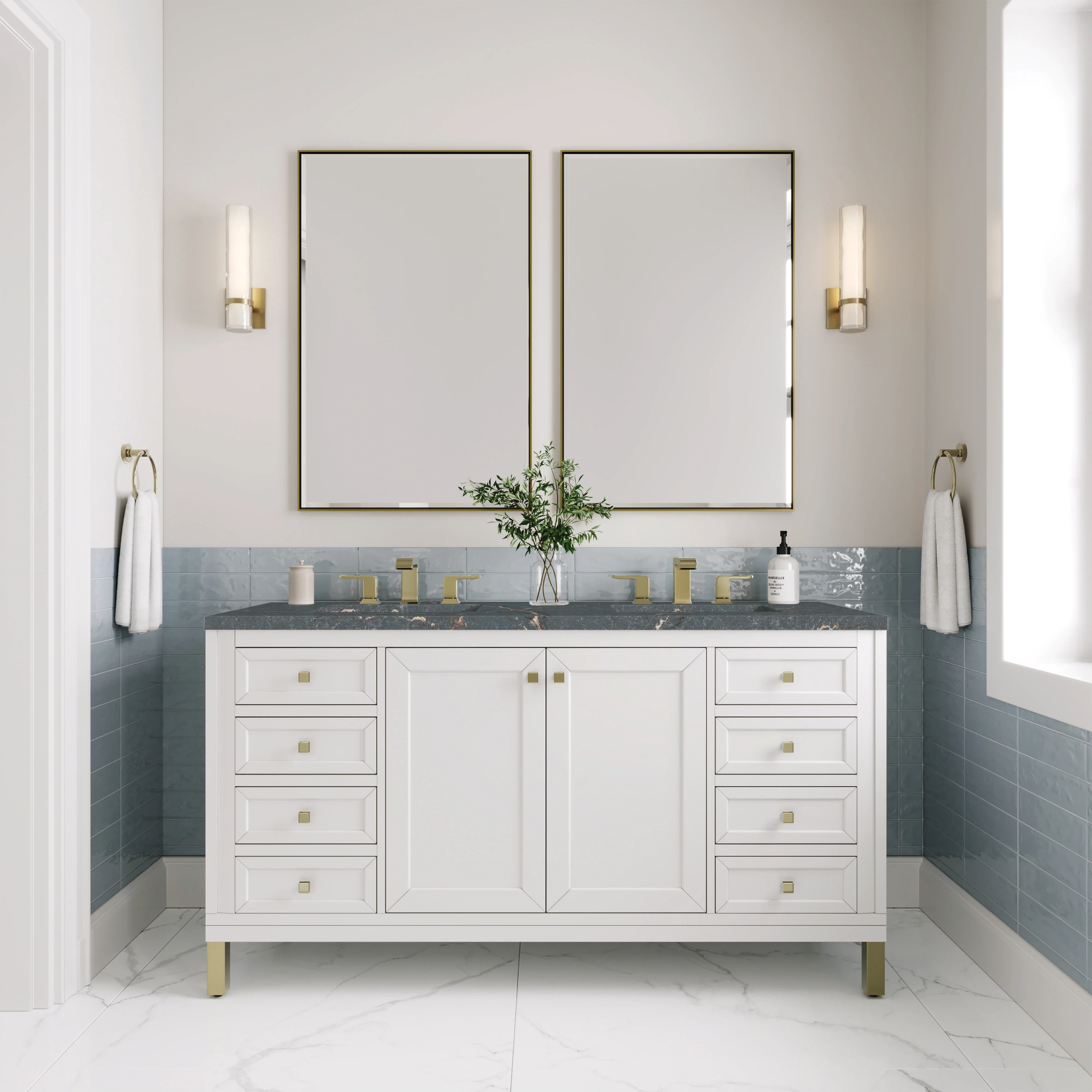 Chicago 60" Double Vanity, Glossy White, w/ 3 CM Parisien Bleu Silestone® Top w/FreePower Wireless Charger