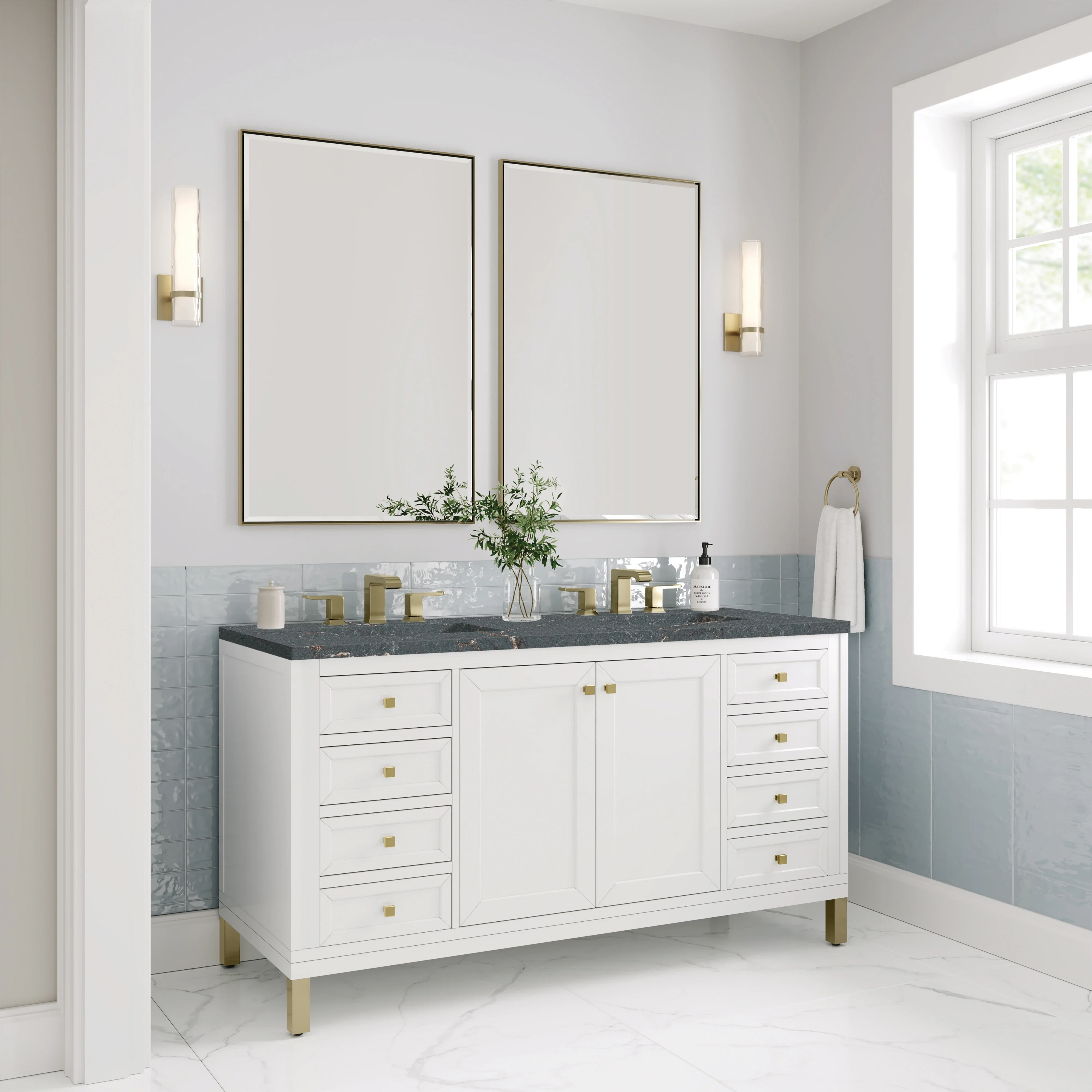 Chicago 60" Double Vanity, Glossy White, w/ 3 CM Parisien Bleu Silestone® Top w/FreePower Wireless Charger