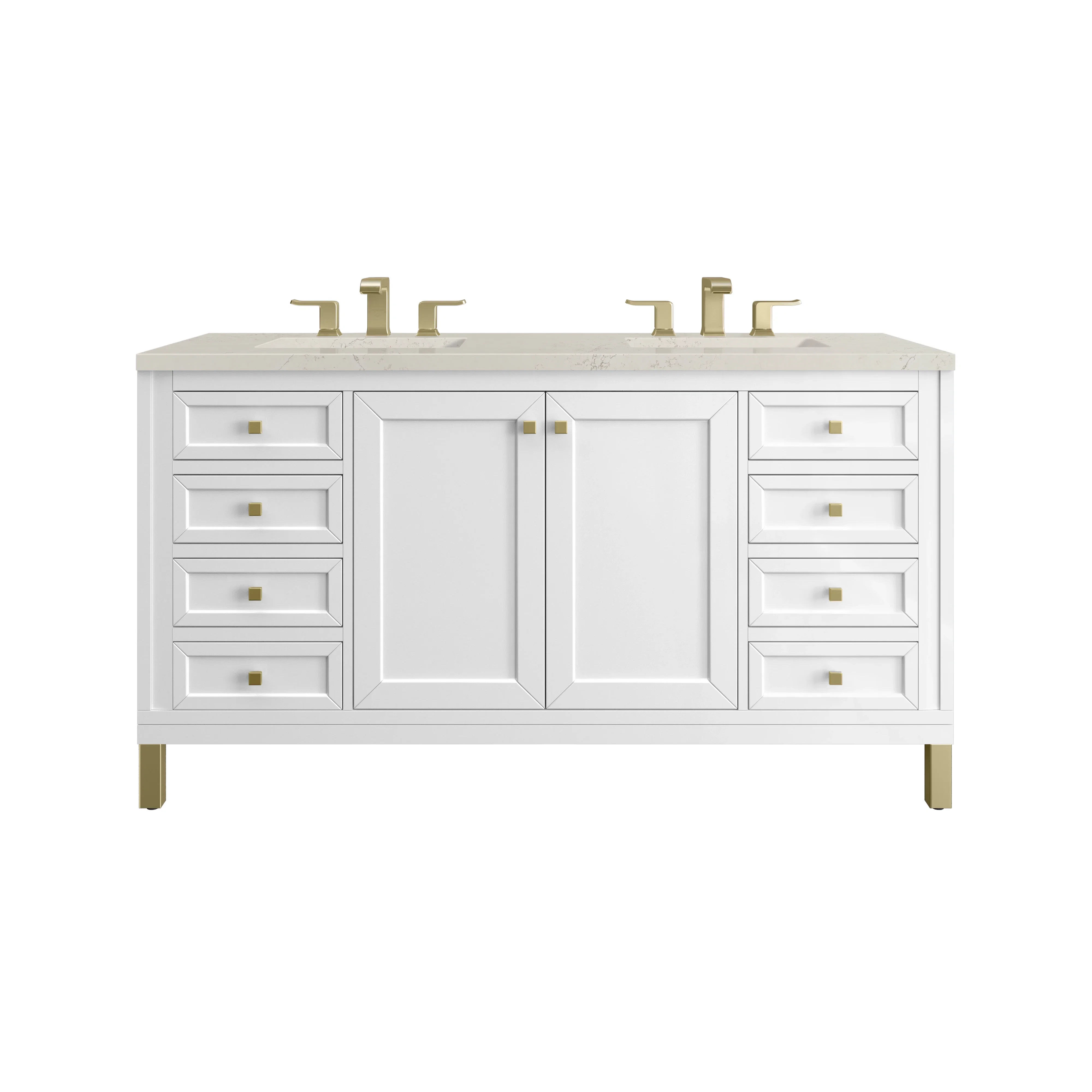 Chicago 60" Double Vanity, Glossy White, w/ 3 CM Siberian Silestone Top w/FreePower Wireless Charger