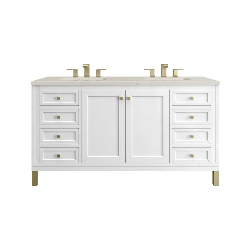 Chicago 60" Double Vanity, Glossy White, w/ 3 CM Siberian Silestone Top w/FreePower Wireless Charger