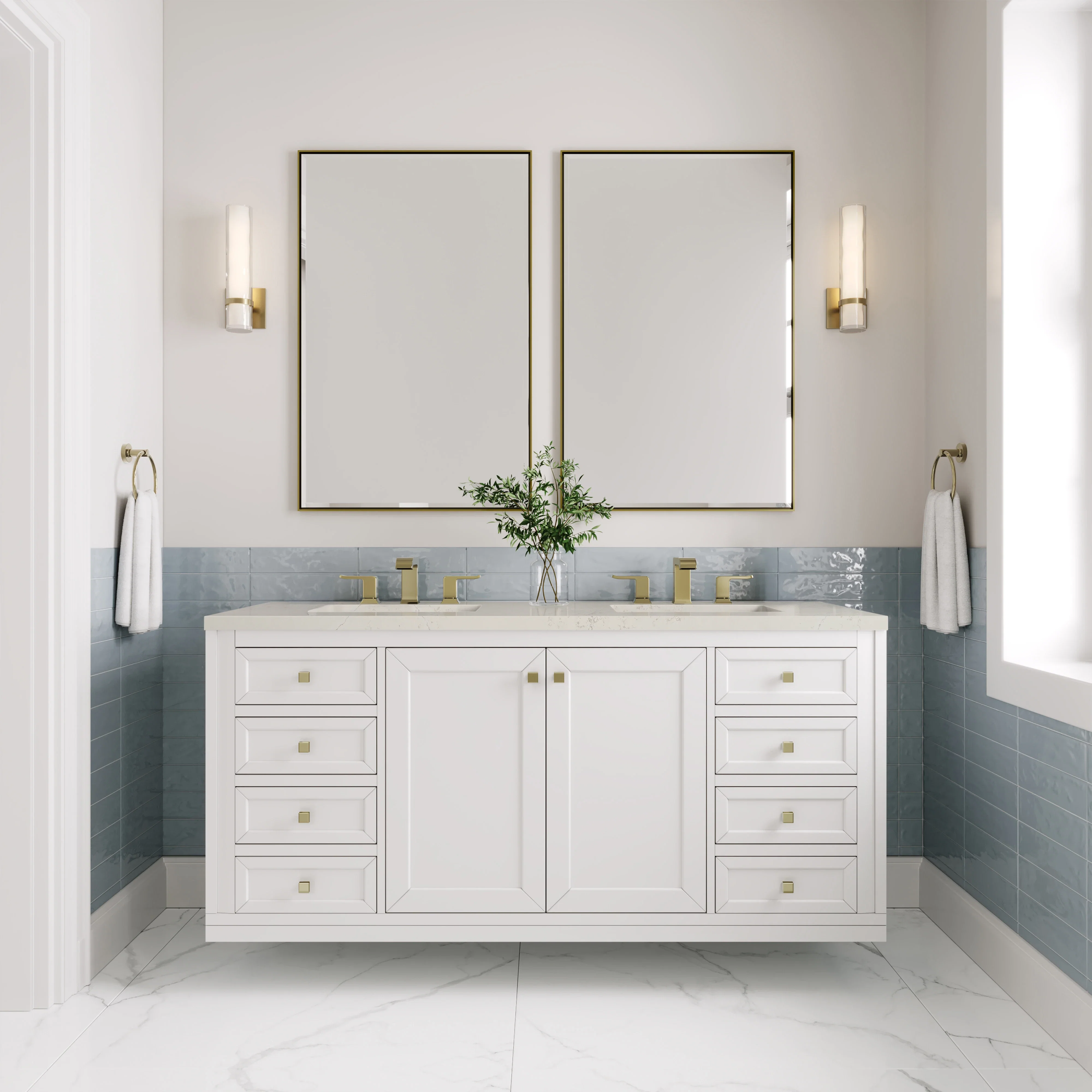 Chicago 60" Double Vanity, Glossy White, w/ 3 CM Siberian Silestone Top w/FreePower Wireless Charger