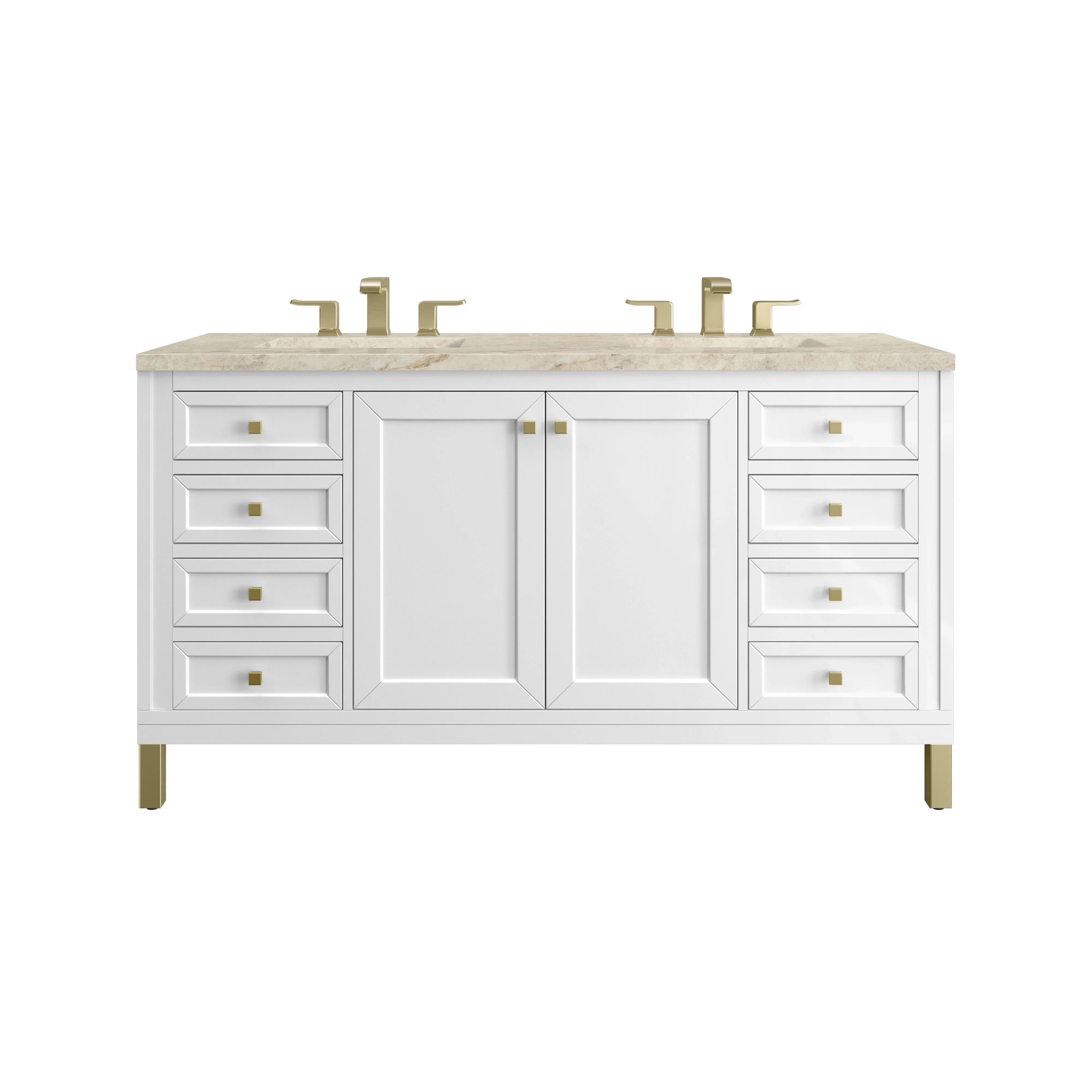 Chicago 60" Double Vanity, Glossy White, w/ 3 CM Tajnar Eclos Top w/FreePower Wireless Charger