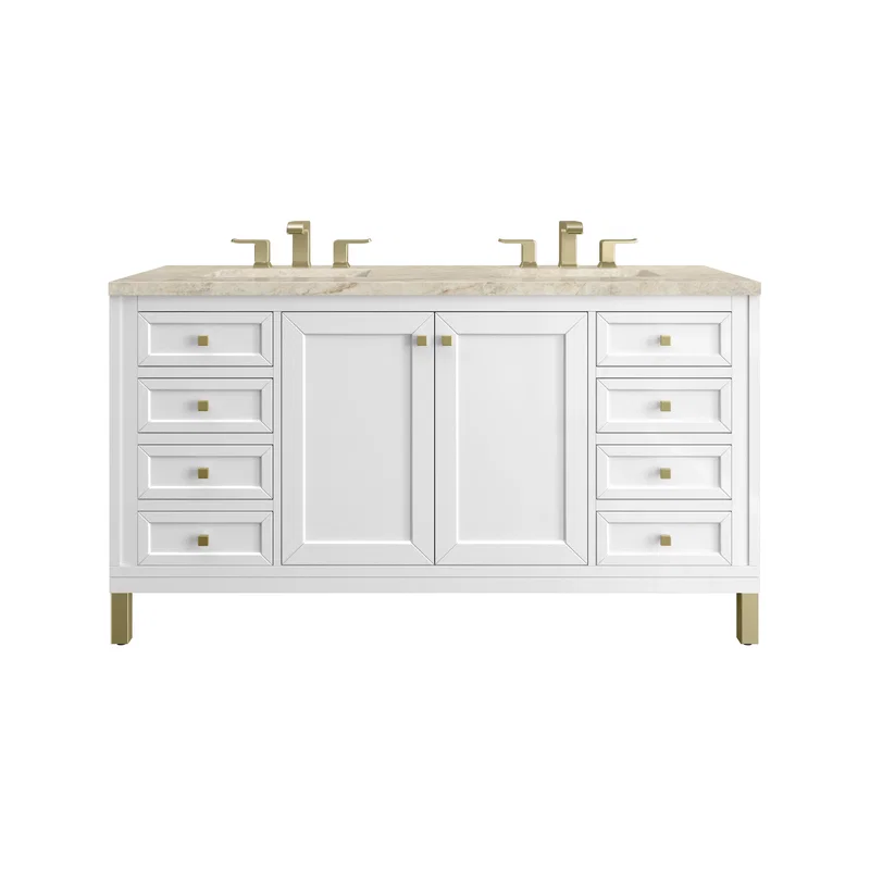 Chicago 60" Double Vanity, Glossy White, w/ 3 CM Tajnar Eclos Top w/FreePower Wireless Charger