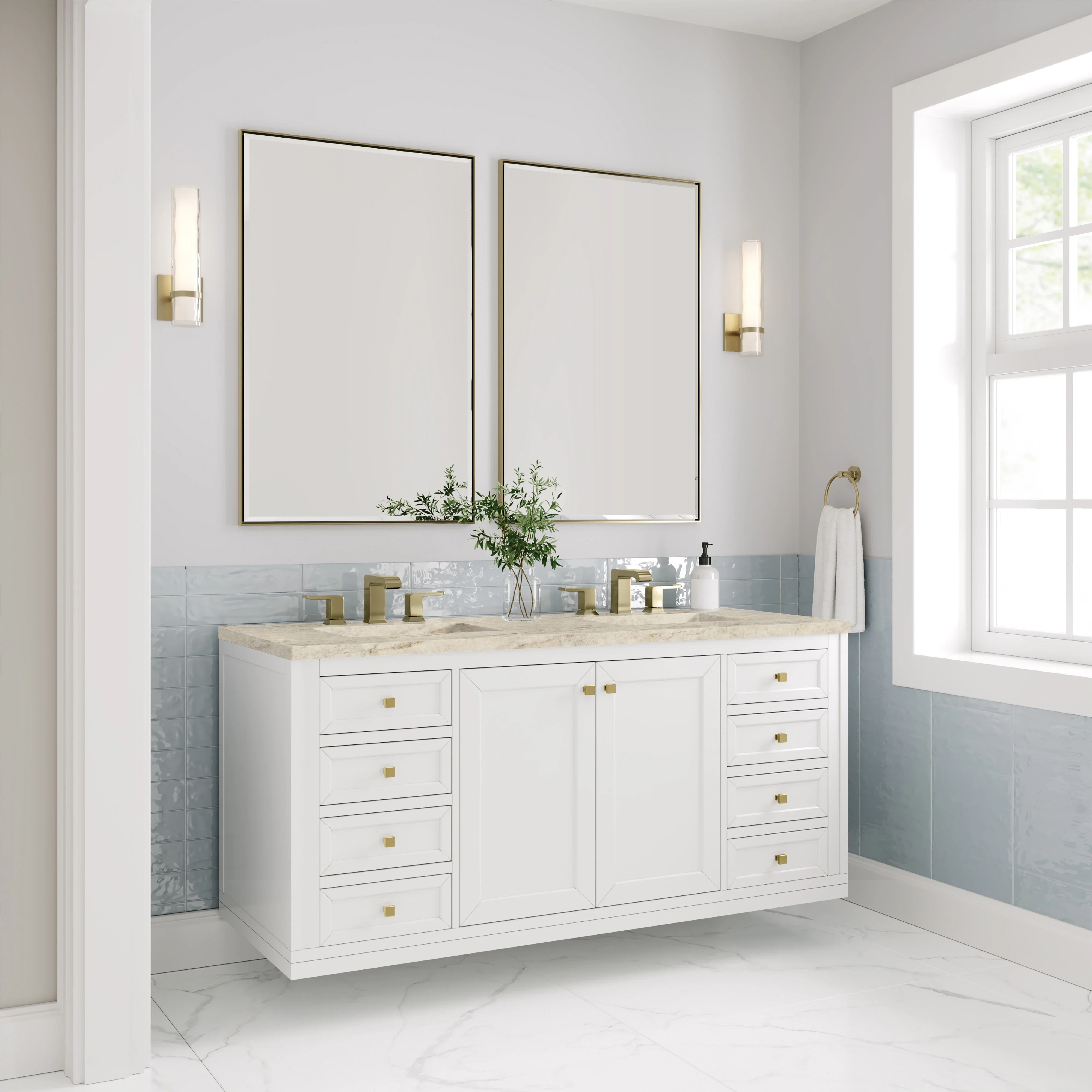 Chicago 60" Double Vanity, Glossy White, w/ 3 CM Tajnar Eclos Top w/FreePower Wireless Charger