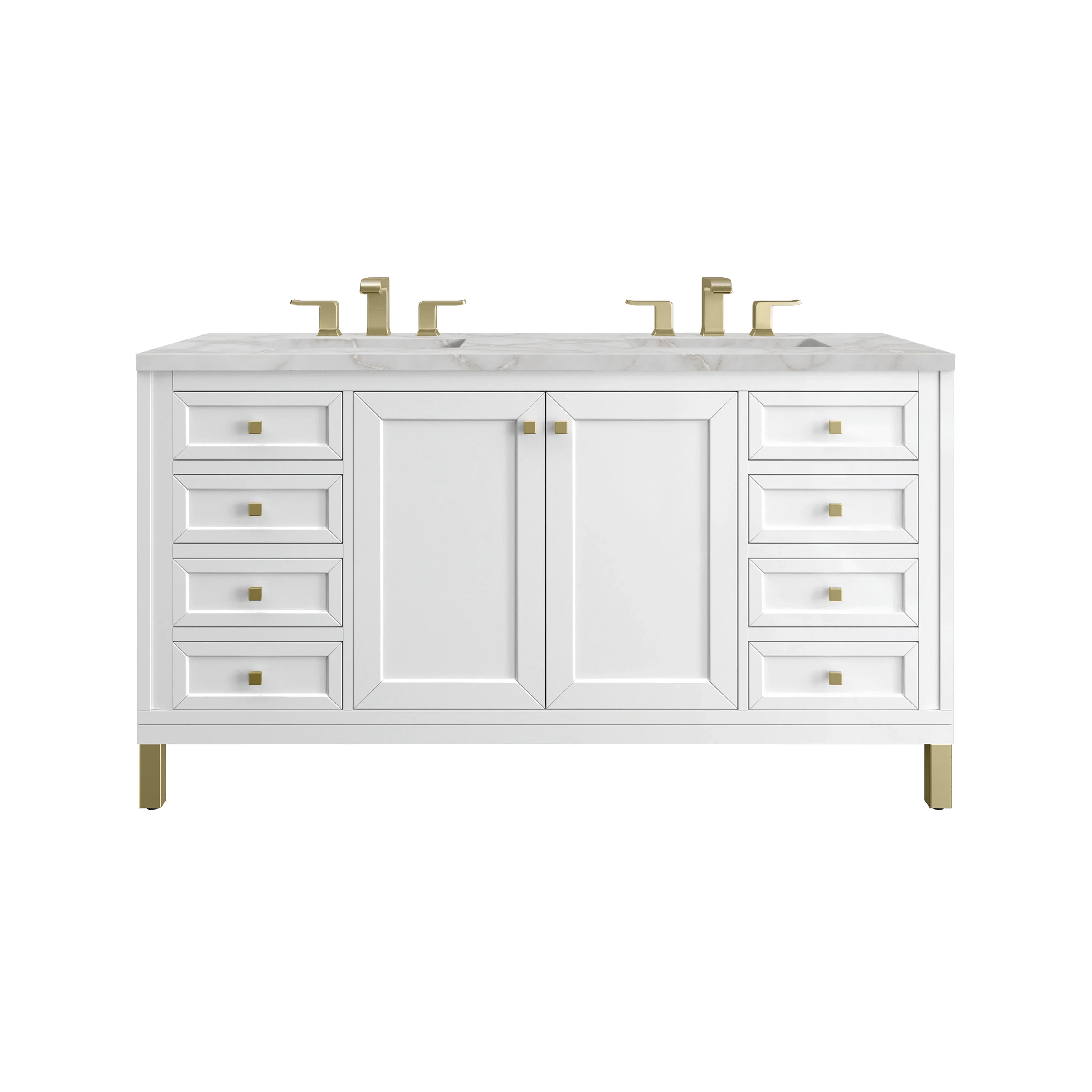 Chicago 60" Double Vanity, Glossy White, w/ 3 CM Victorian Silver Silestone® Top w/FreePower Wireless Charger