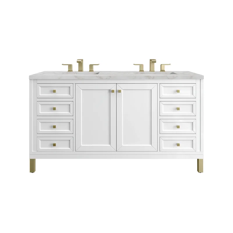 Chicago 60" Double Vanity, Glossy White, w/ 3 CM Victorian Silver Silestone® Top w/FreePower Wireless Charger