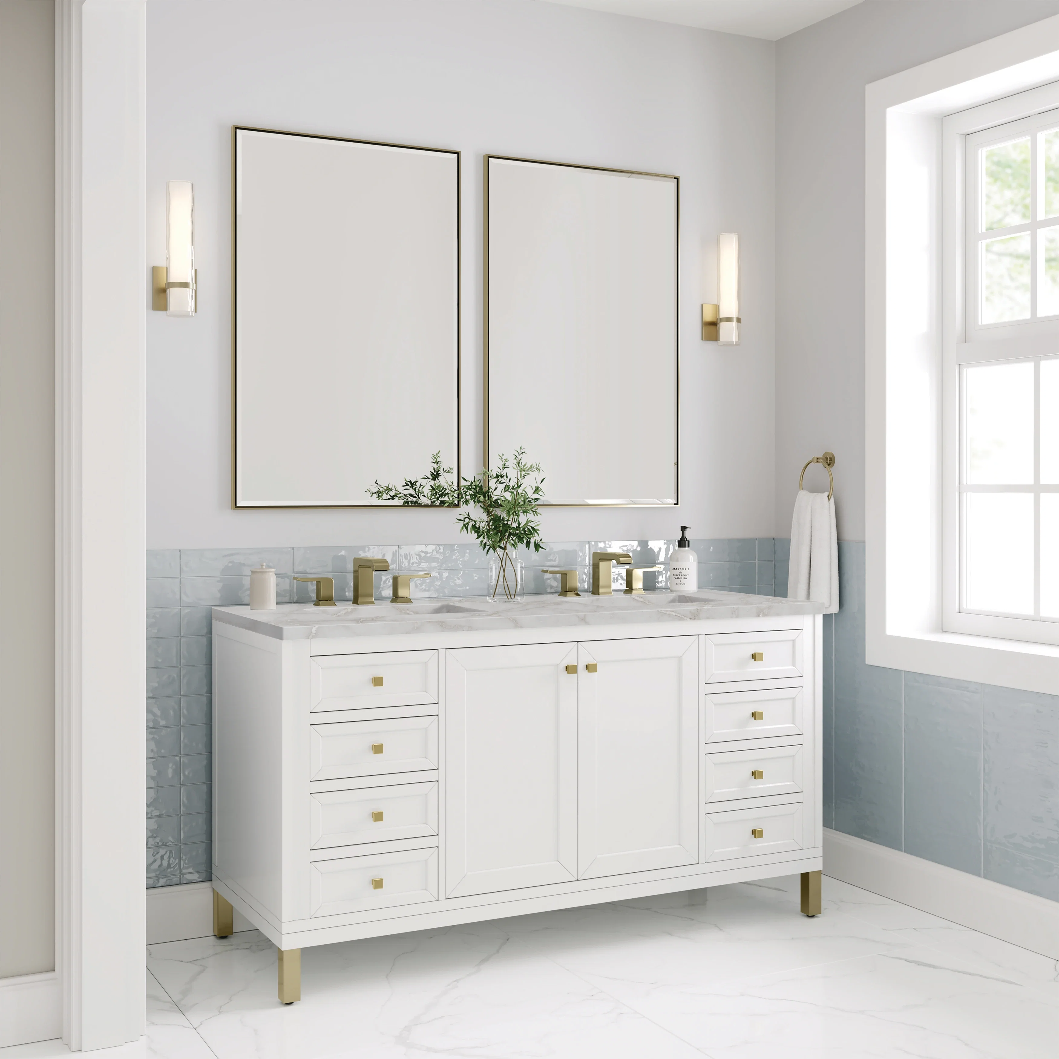 Chicago 60" Double Vanity, Glossy White, w/ 3 CM Victorian Silver Silestone® Top w/FreePower Wireless Charger
