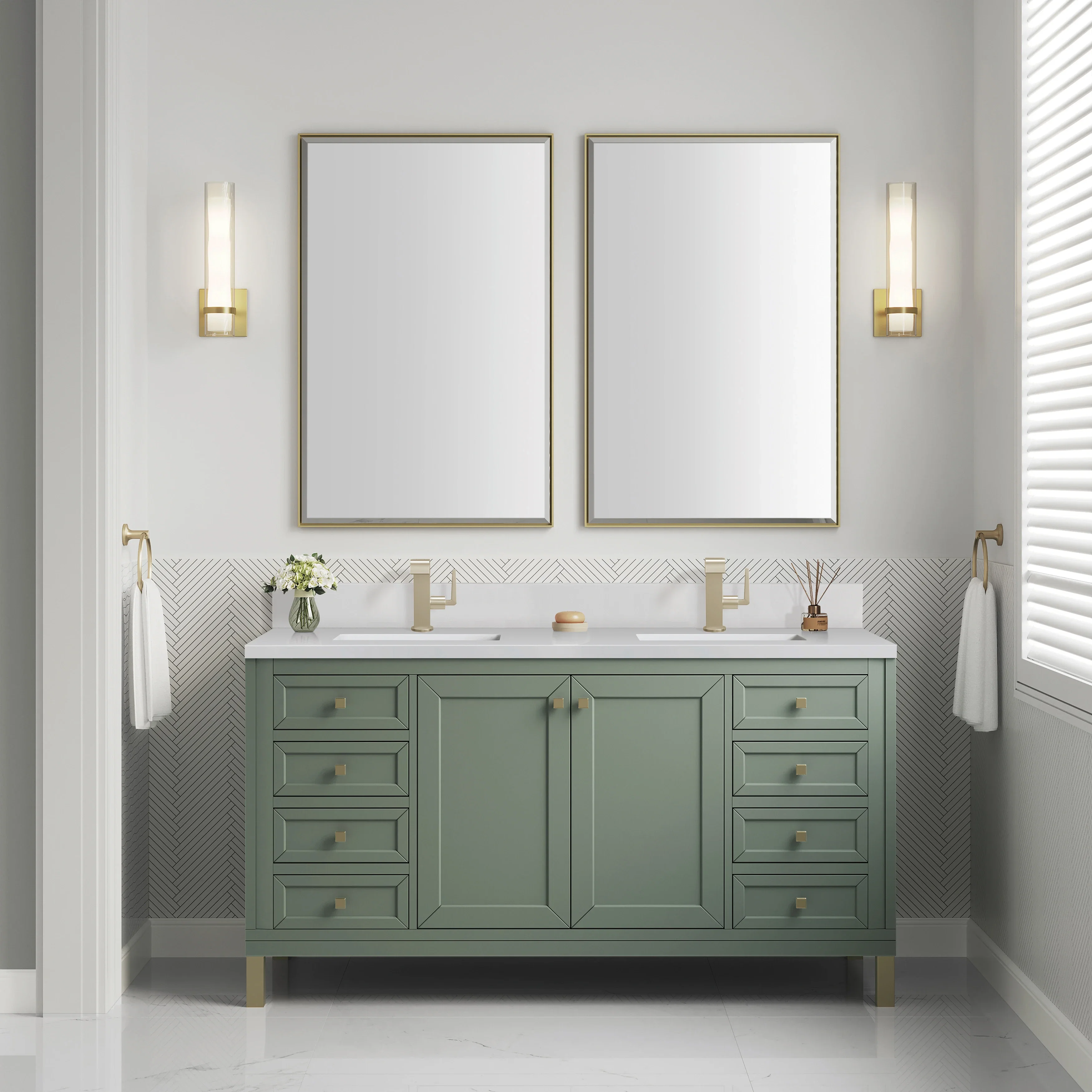 Chicago 60" Double Vanity, Smokey Celadon, w/ Single Hole 3CM White Zeus Silestone® Top & Backsplash