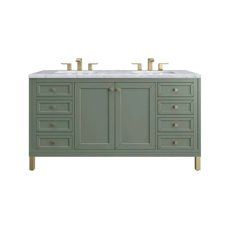Chicago 60" Double Vanity, Smokey Celadon, w/ 3 CM Carrara Marble Top