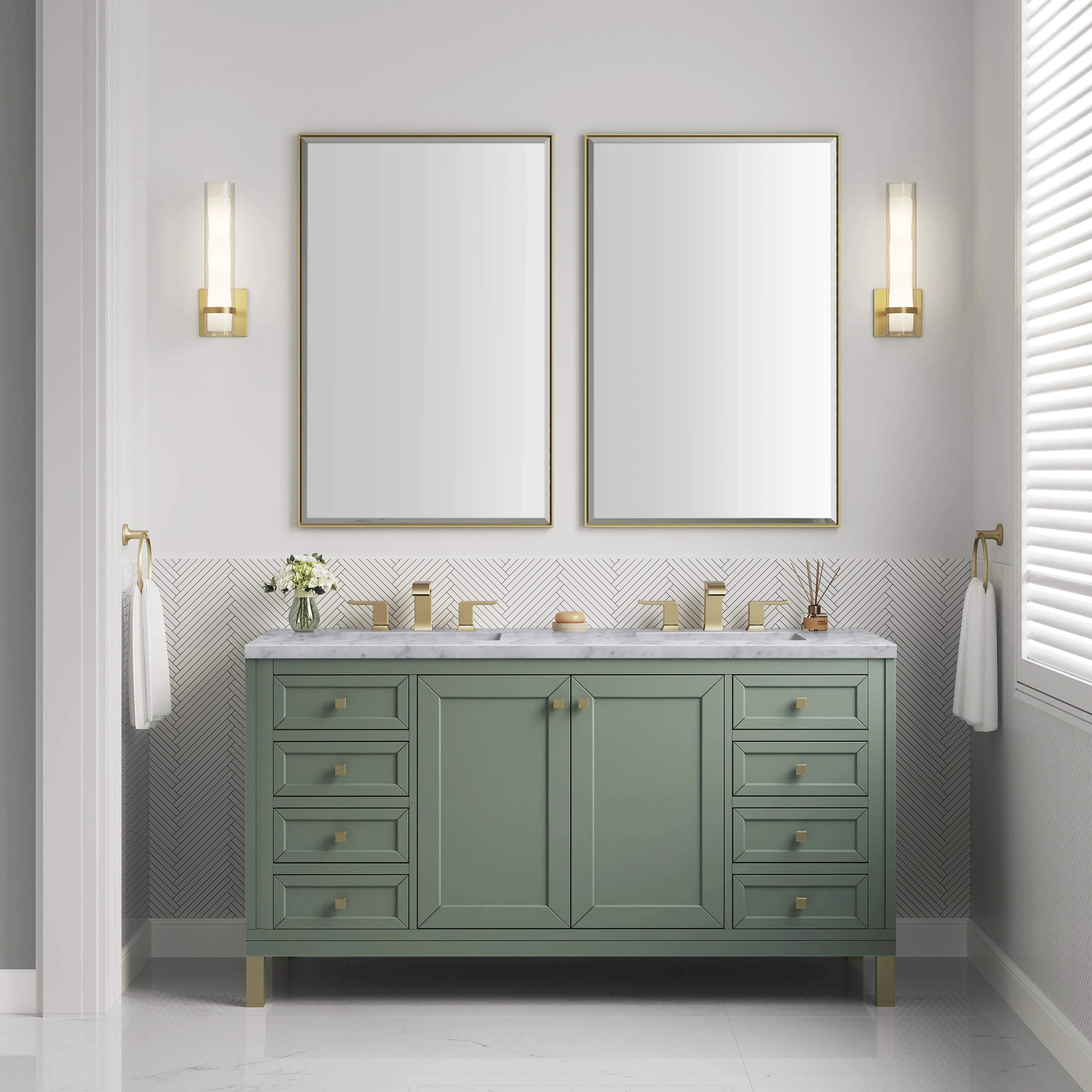Chicago 60" Double Vanity, Smokey Celadon, w/ 3 CM Carrara Marble Top