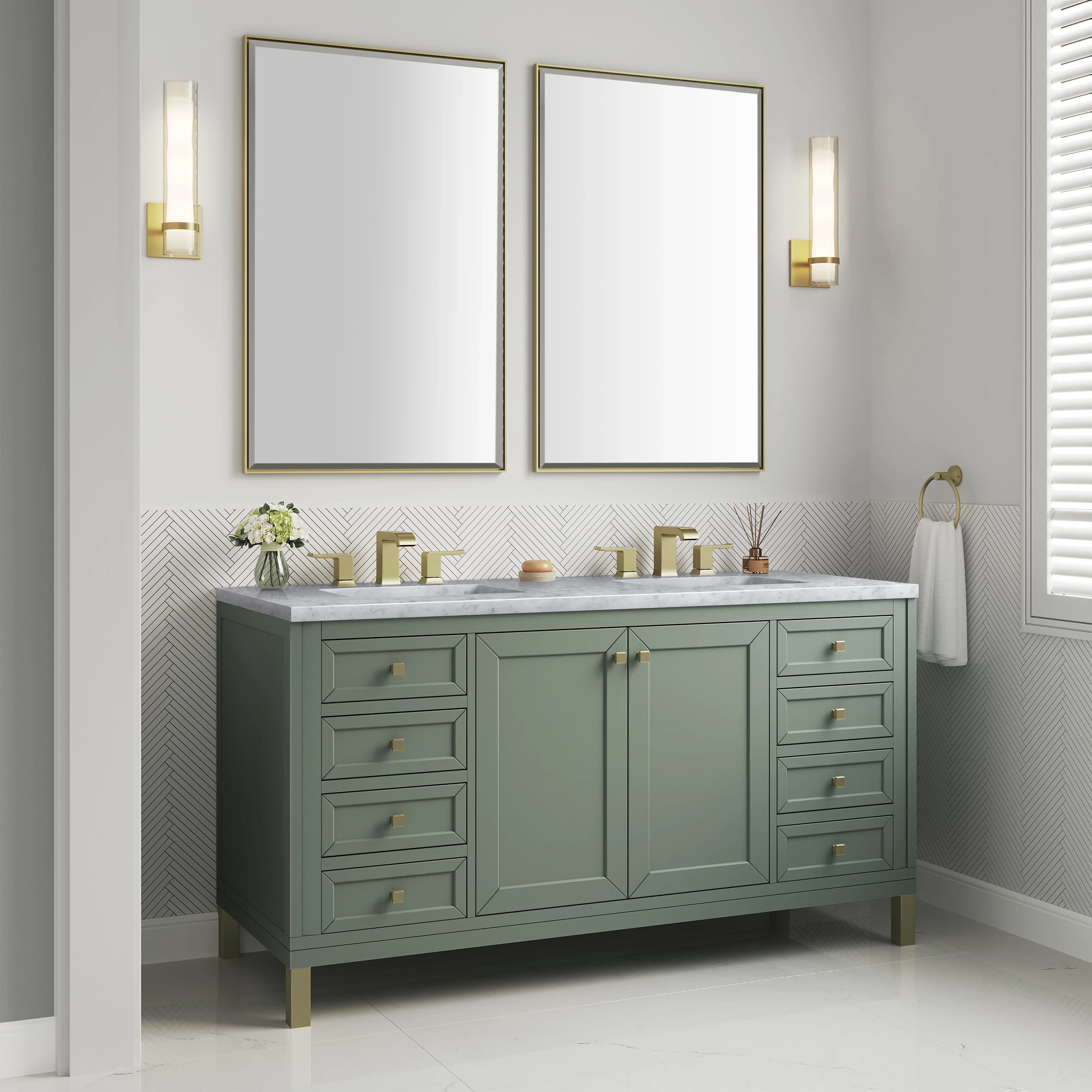Chicago 60" Double Vanity, Smokey Celadon, w/ 3 CM Carrara Marble Top