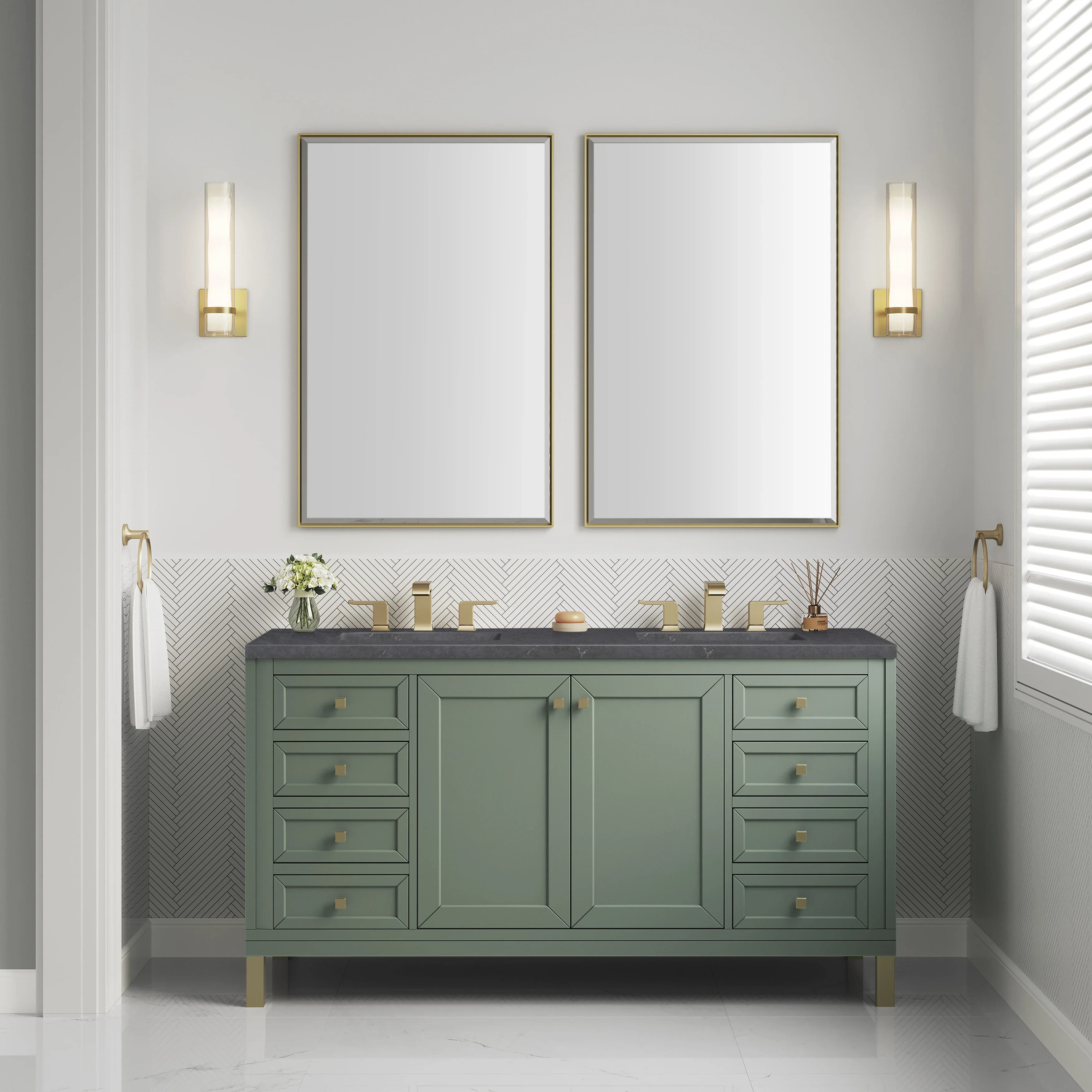 Chicago 60" Double Vanity, Smokey Celadon, w/ 3 CM Charcoal Soapstone Silestone® Top