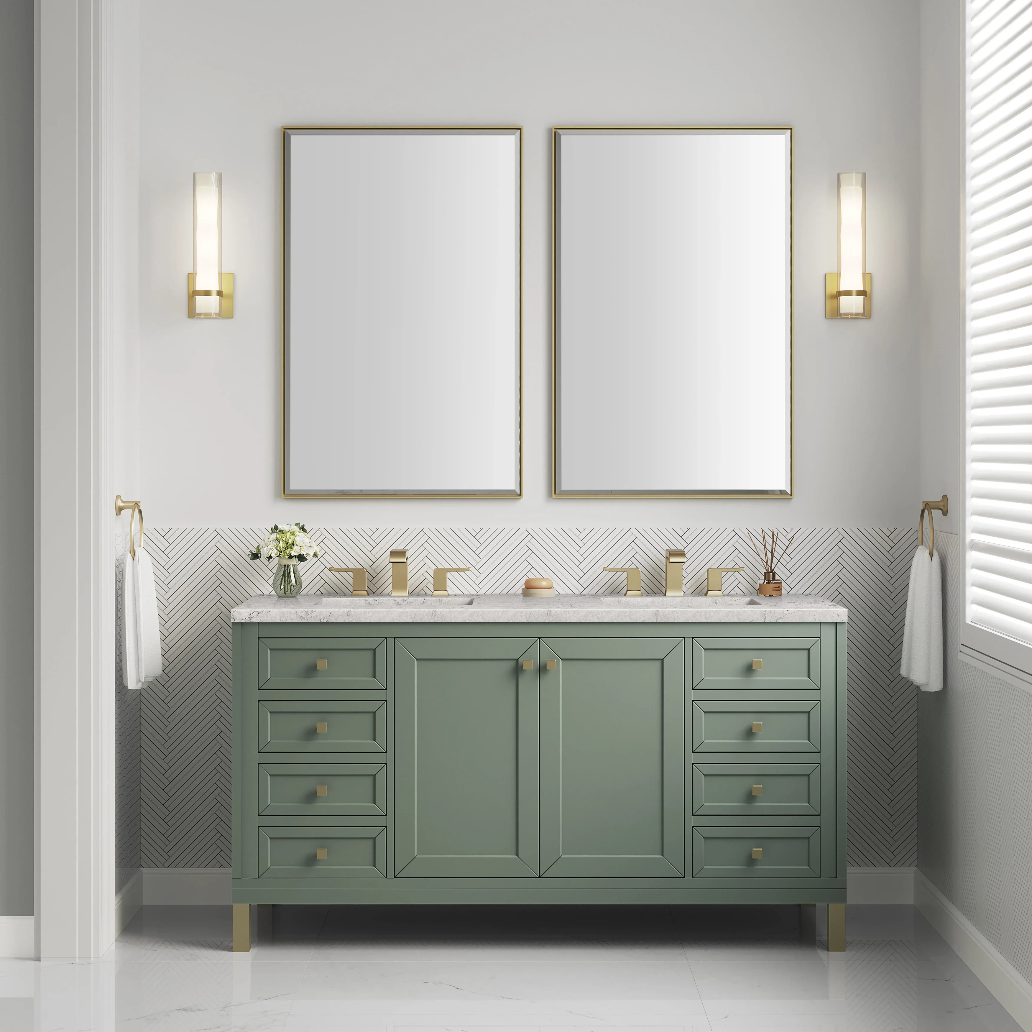 Chicago 60" Double Vanity, Smokey Celadon, w/ 3 CM Eternal Jasmine Pearl Silestone® Top