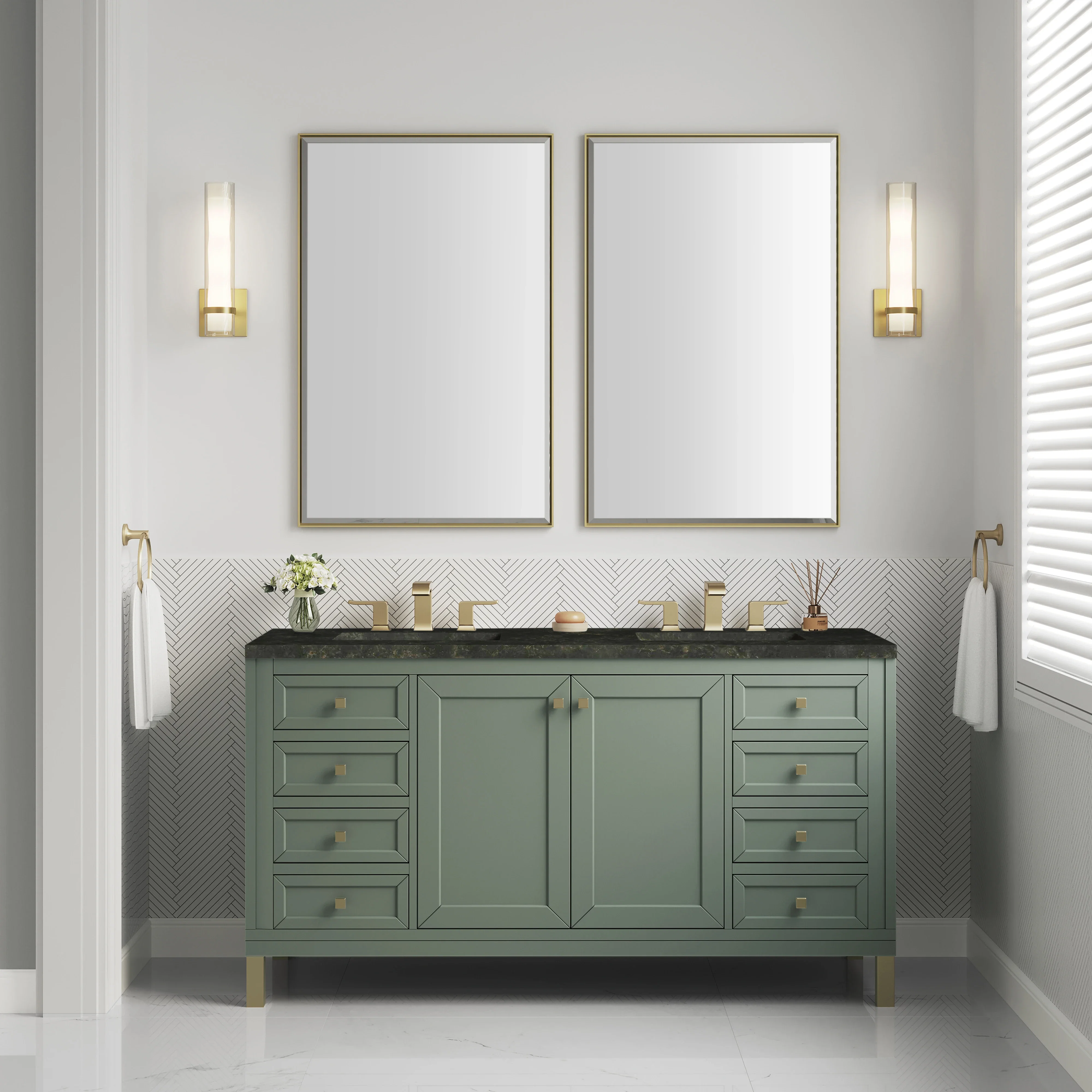 Chicago 60" Double Vanity, Smokey Celadon, w/ 3 CM Phantome Eclos Top