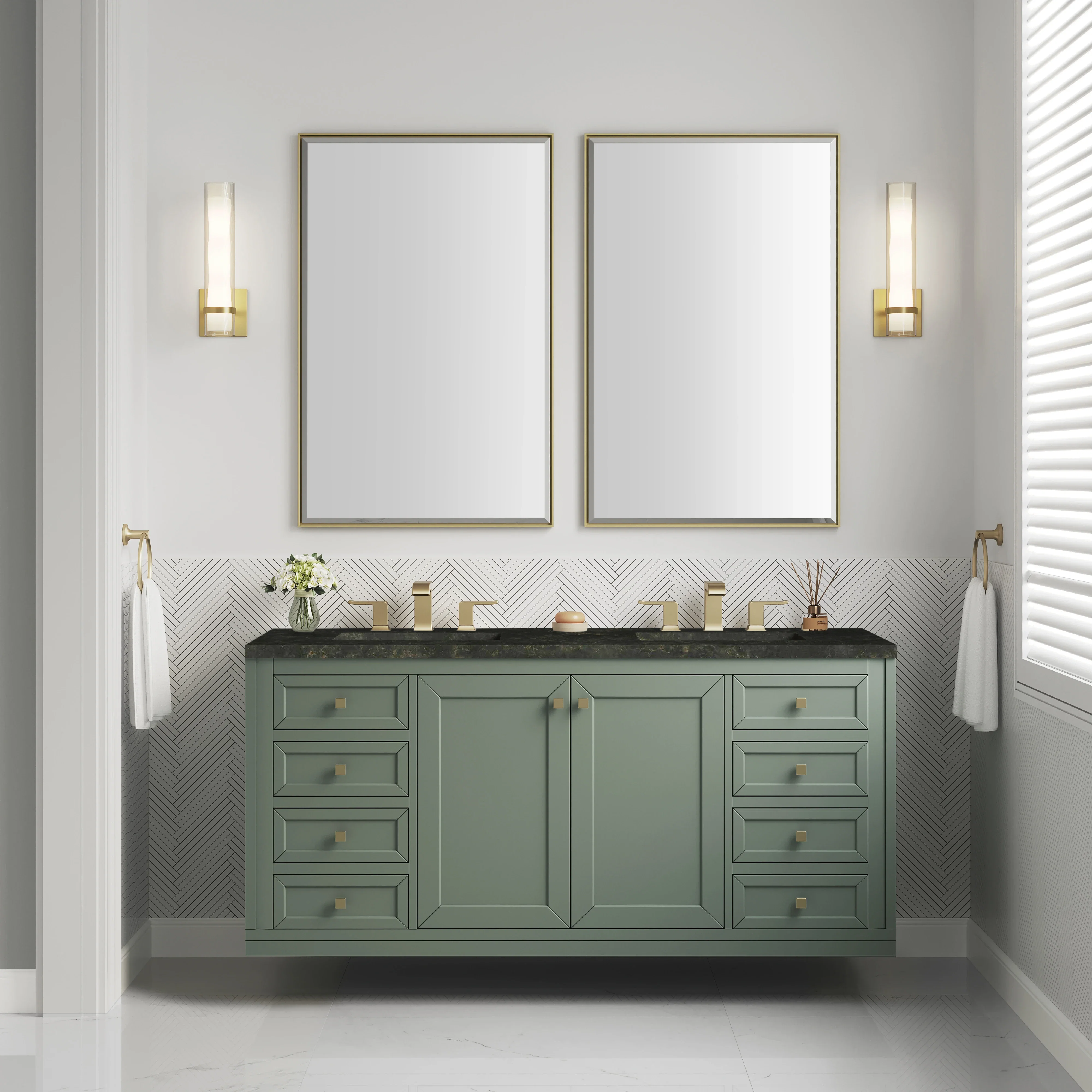Chicago 60" Double Vanity, Smokey Celadon, w/ 3 CM Phantome Eclos Top
