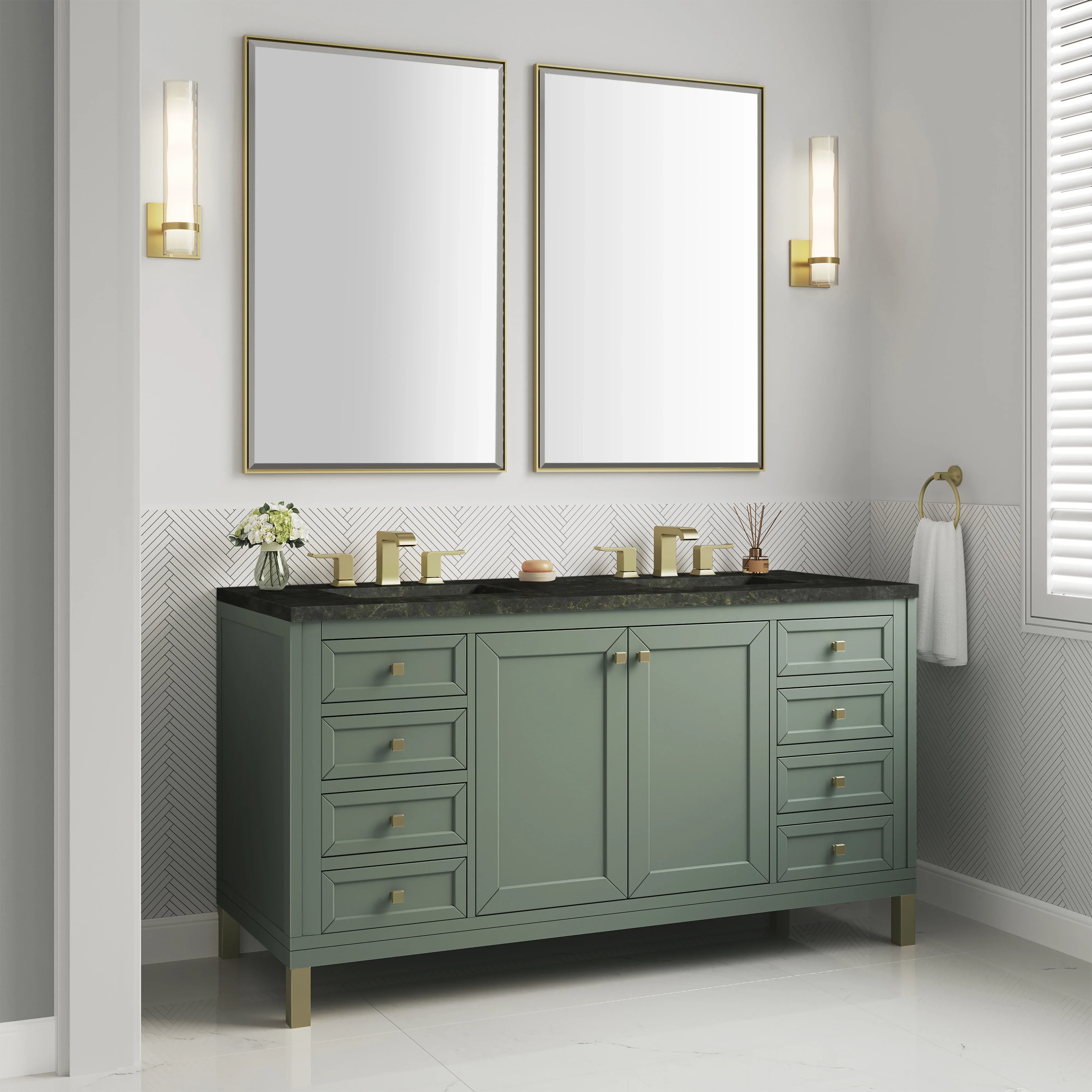 Chicago 60" Double Vanity, Smokey Celadon, w/ 3 CM Phantome Eclos Top