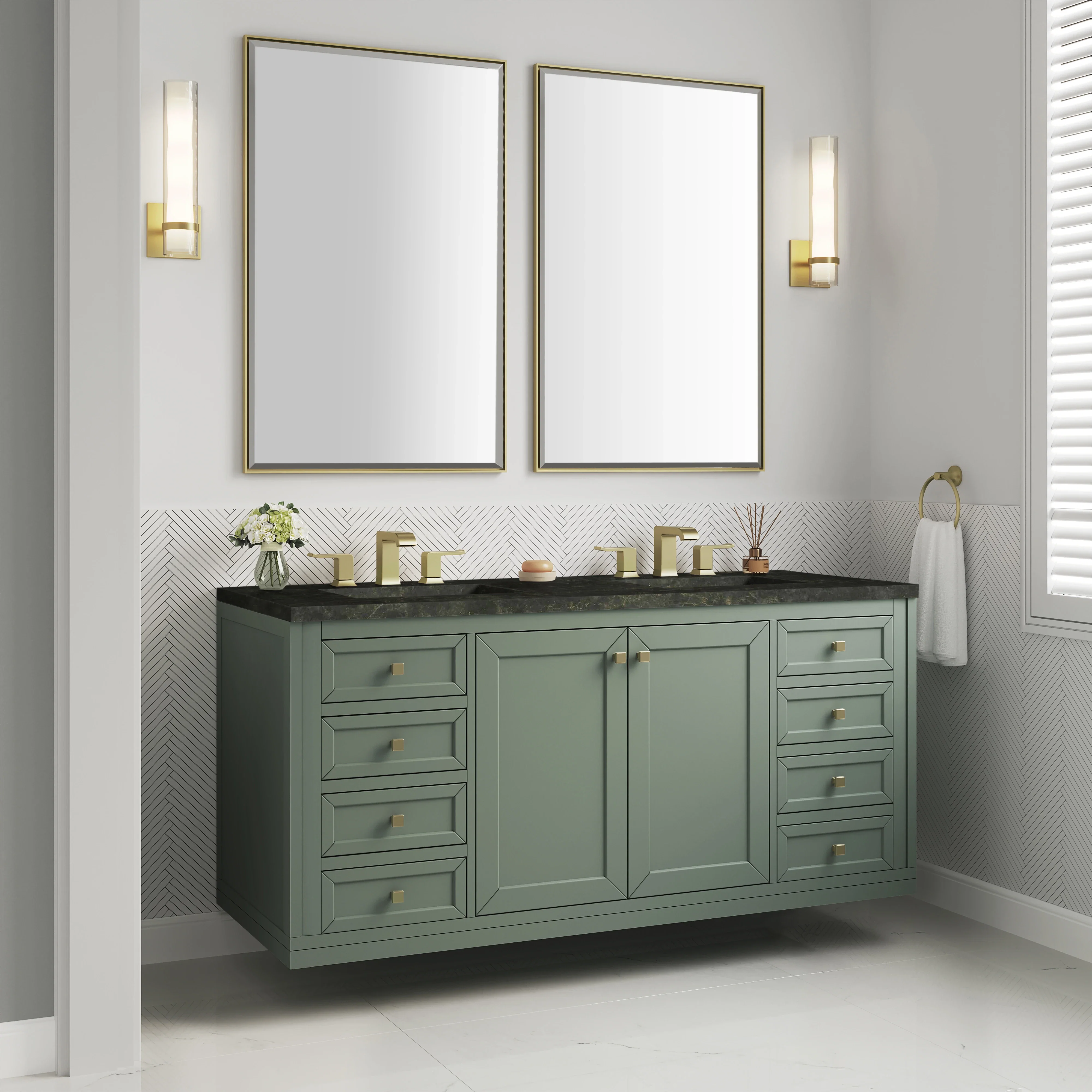 Chicago 60" Double Vanity, Smokey Celadon, w/ 3 CM Phantome Eclos Top