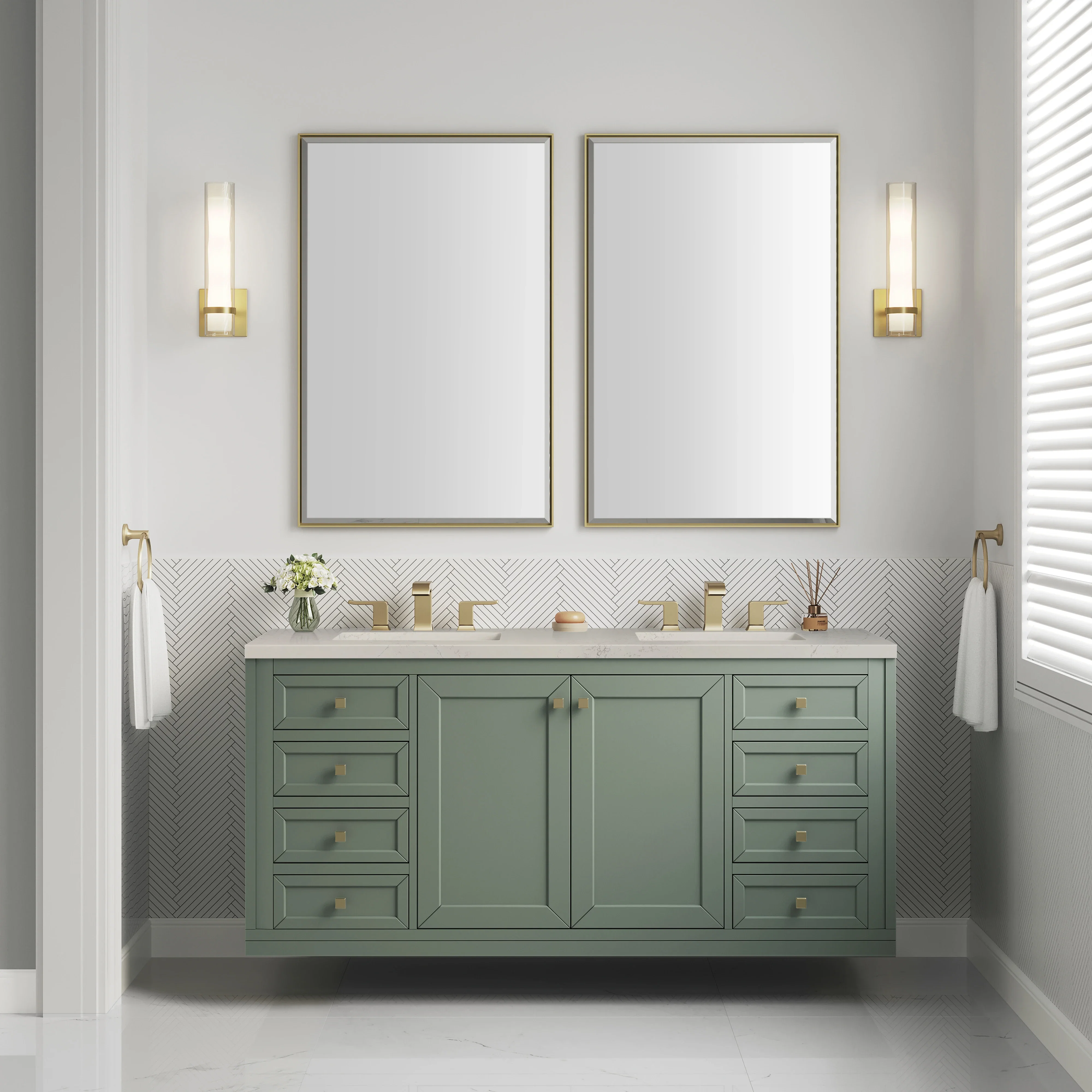 Chicago 60" Double Vanity, Smokey Celadon, w/ 3 CM Siberian Silestone Top