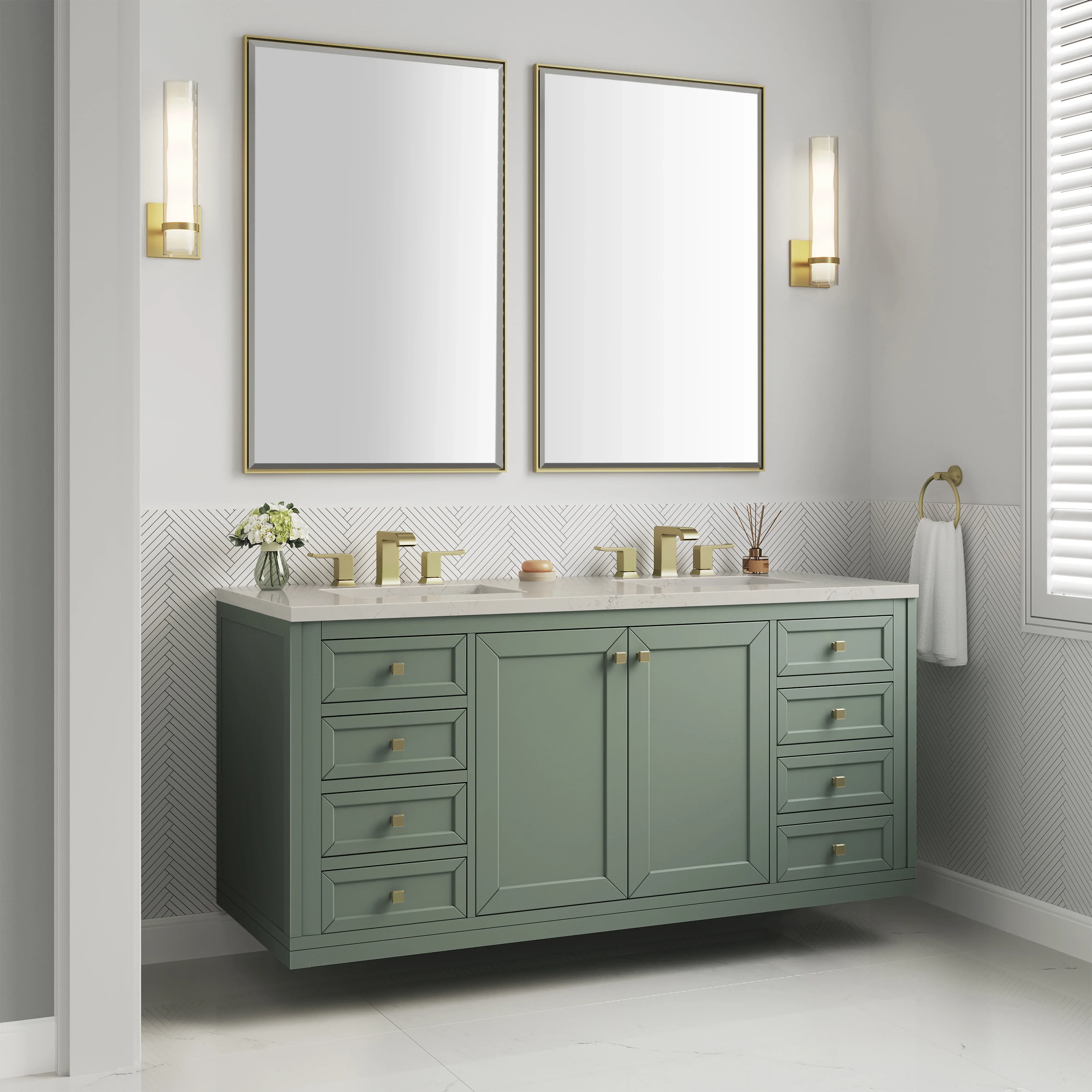 Chicago 60" Double Vanity, Smokey Celadon, w/ 3 CM Siberian Silestone Top