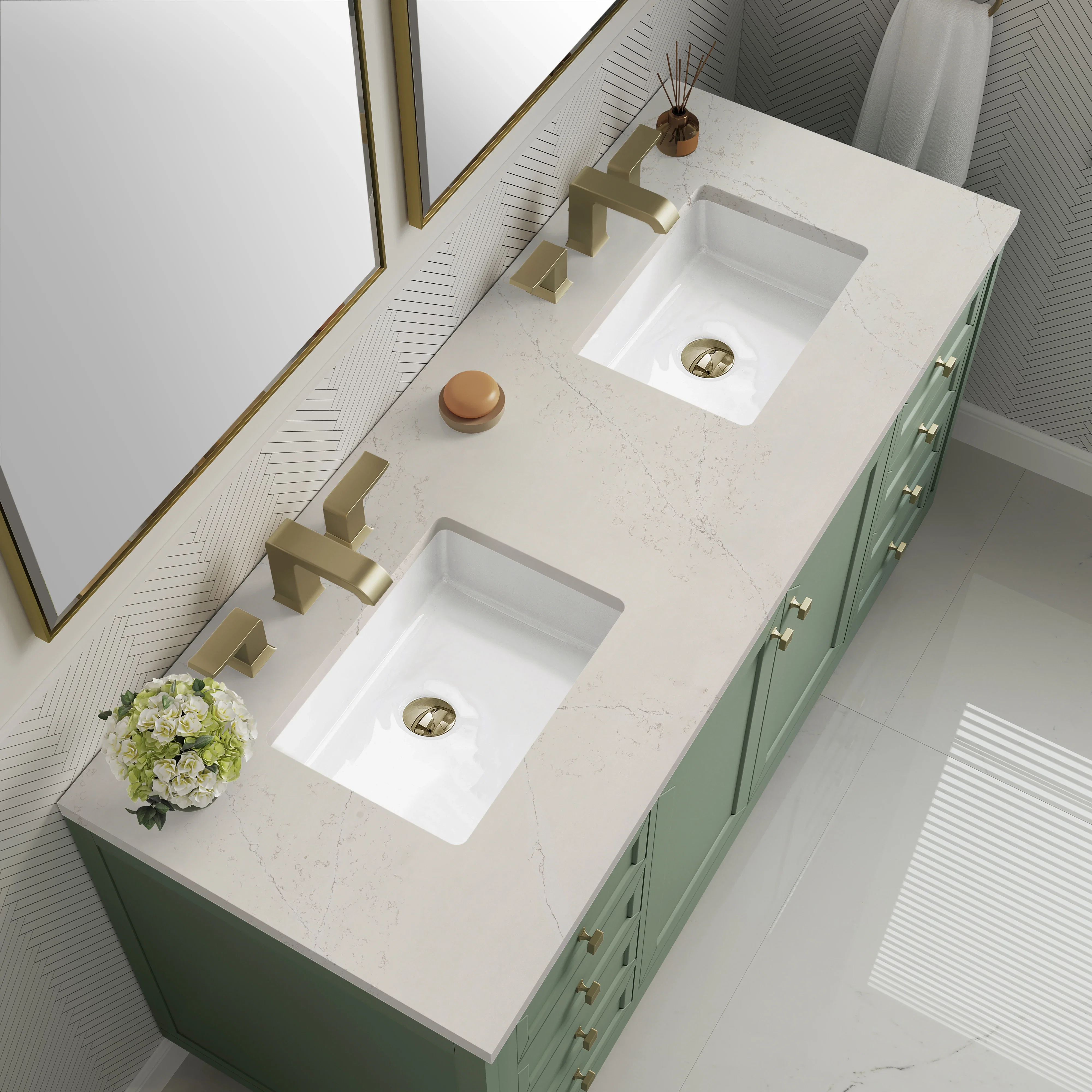 Chicago 60" Double Vanity, Smokey Celadon, w/ 3 CM Siberian Silestone Top