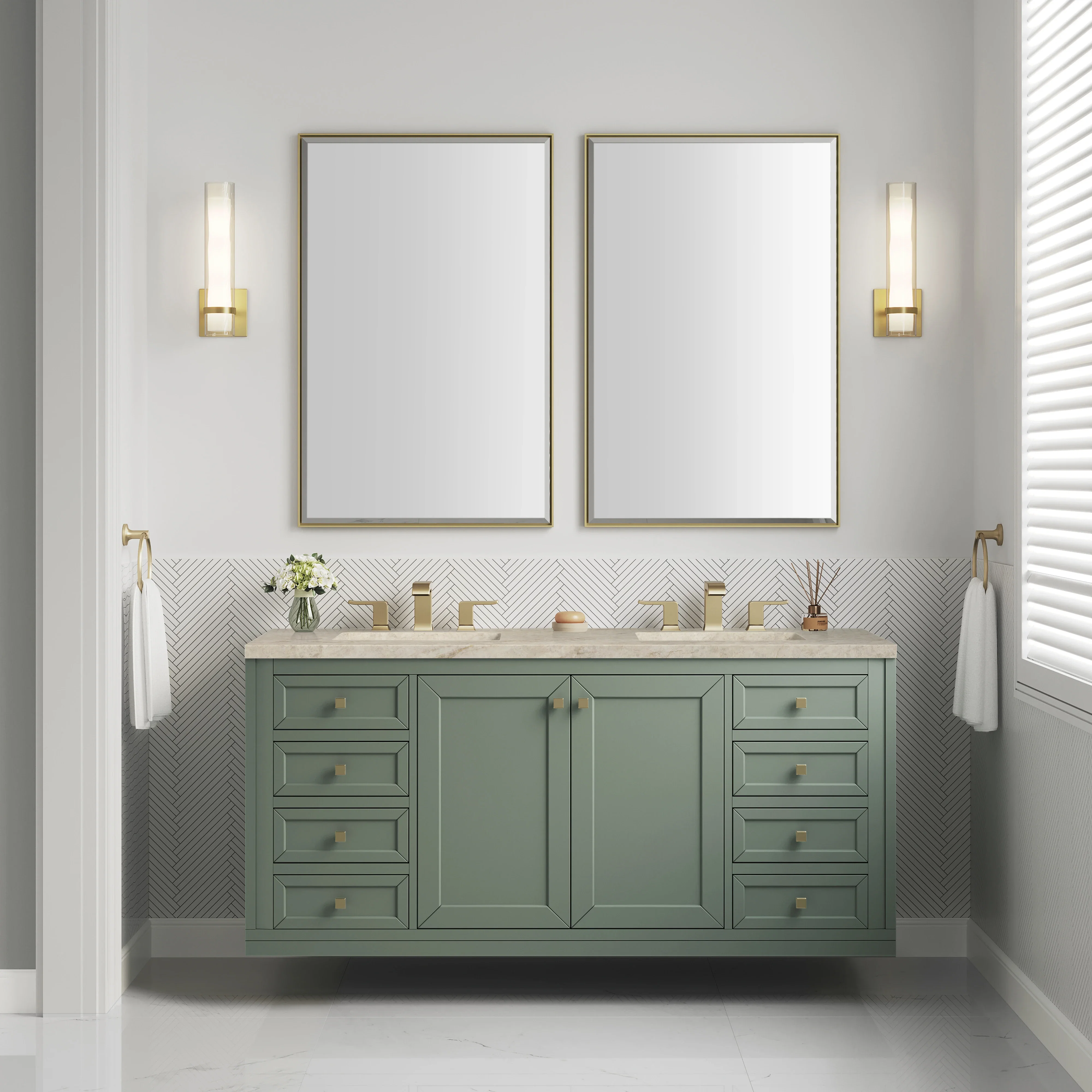 Chicago 60" Double Vanity, Smokey Celadon, w/ 3 CM Tajnar Eclos Top