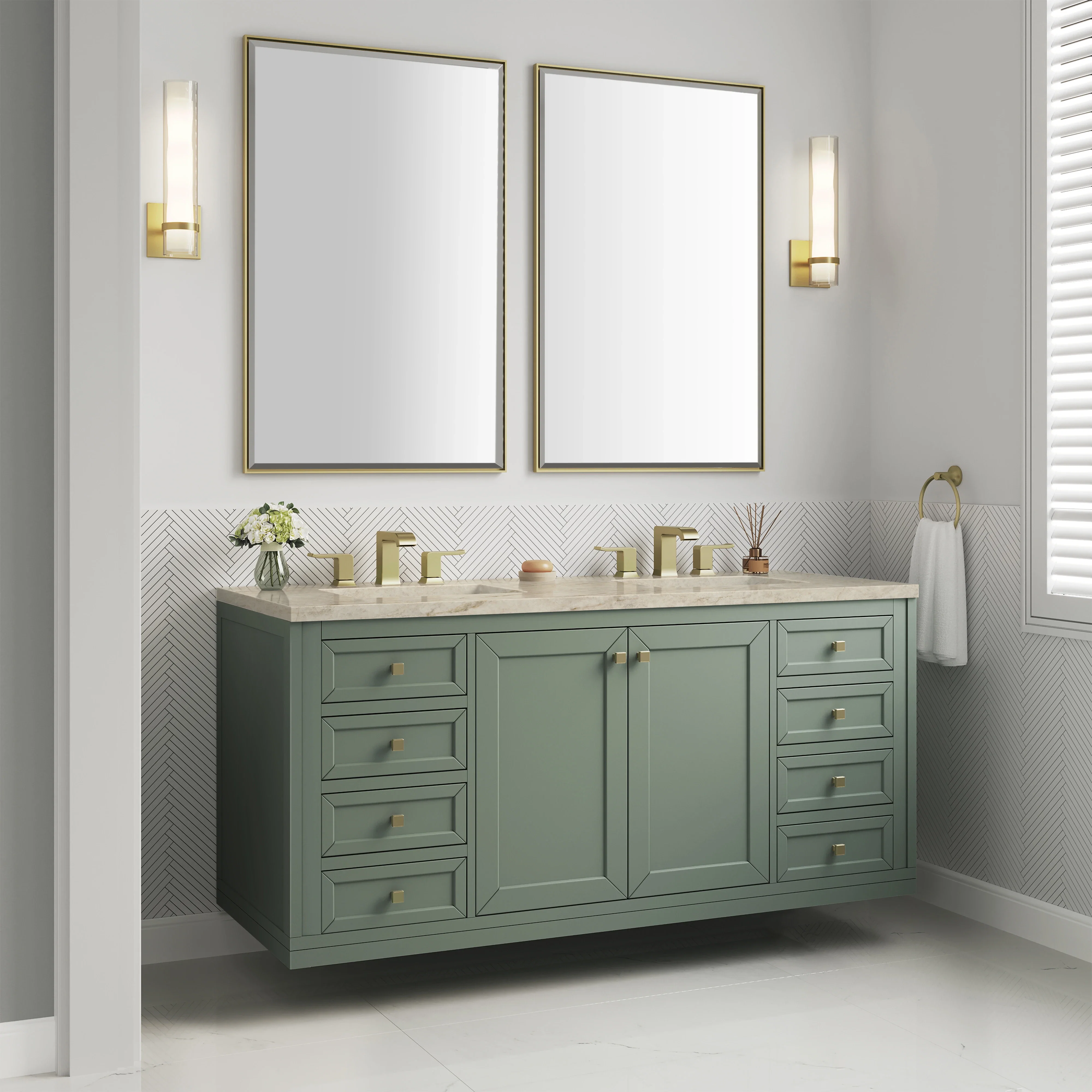 Chicago 60" Double Vanity, Smokey Celadon, w/ 3 CM Tajnar Eclos Top