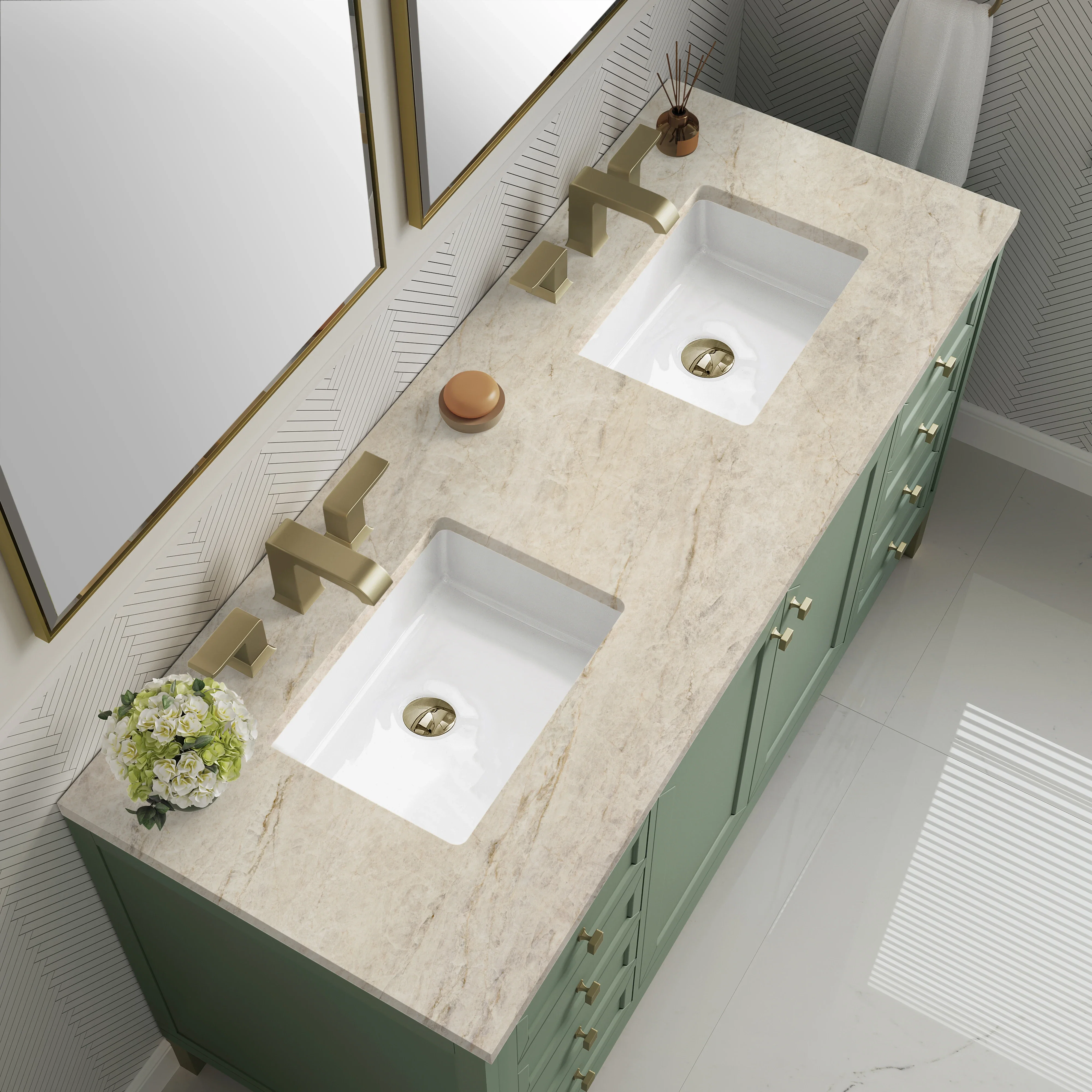 Chicago 60" Double Vanity, Smokey Celadon, w/ 3 CM Tajnar Eclos Top